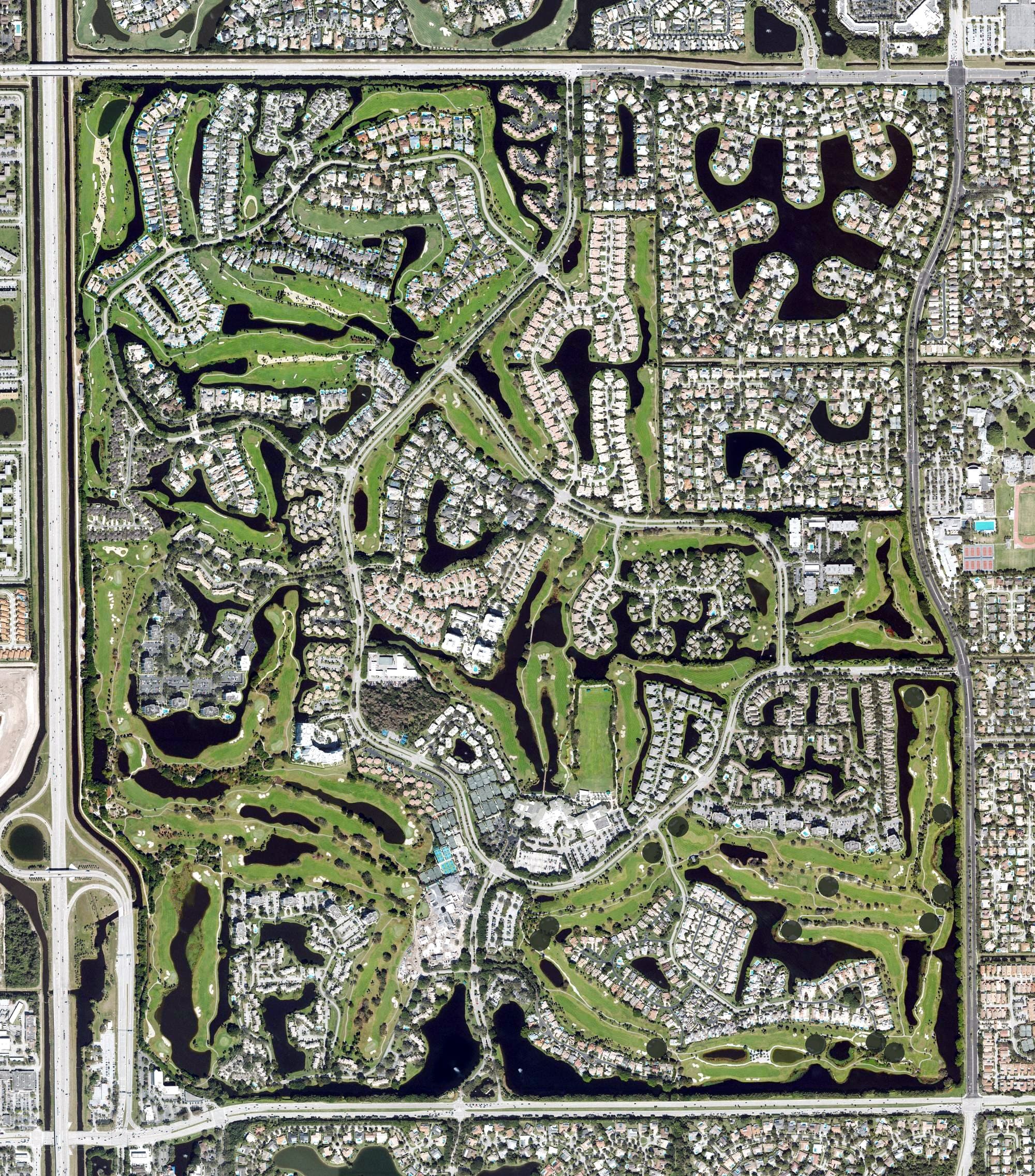 Aerial view of Boca West, FL, with its hole routing marked