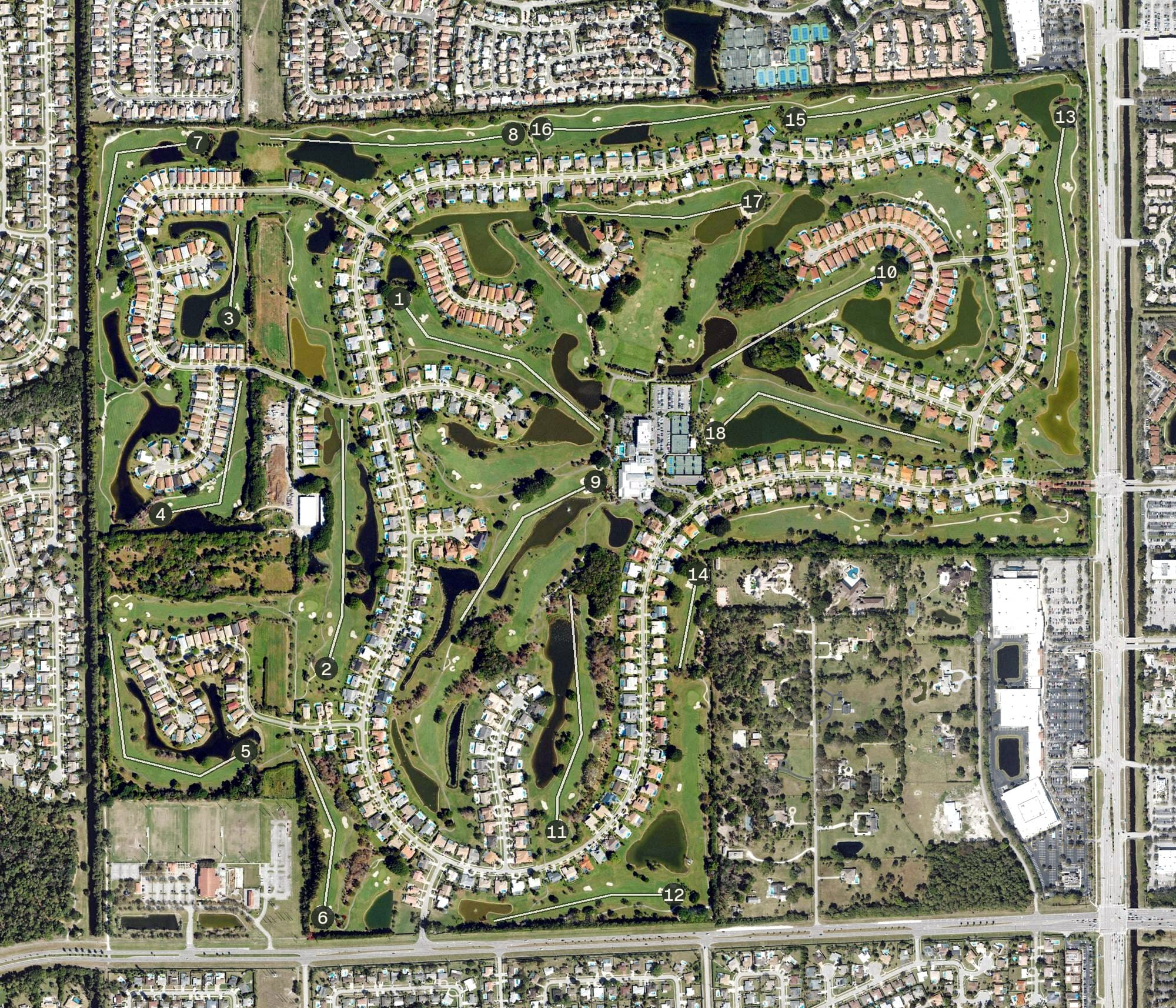 Aerial view of Boca Woods Country Club, FL, with its hole routing marked