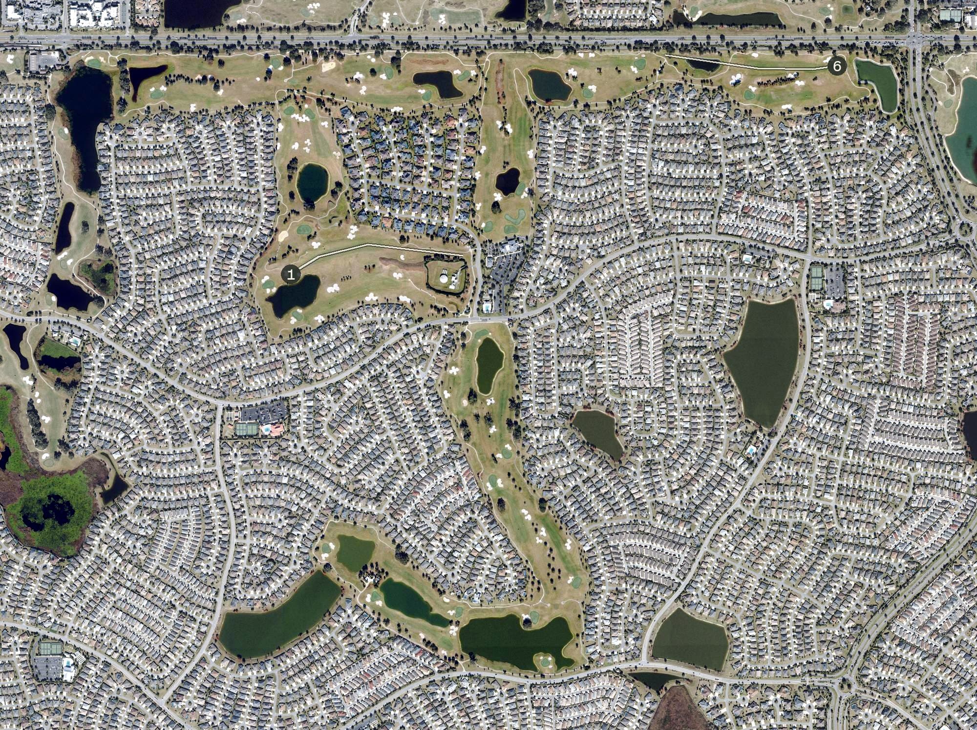 Aerial view of Bonifay Country Club (The Villages), FL, with its hole routing marked