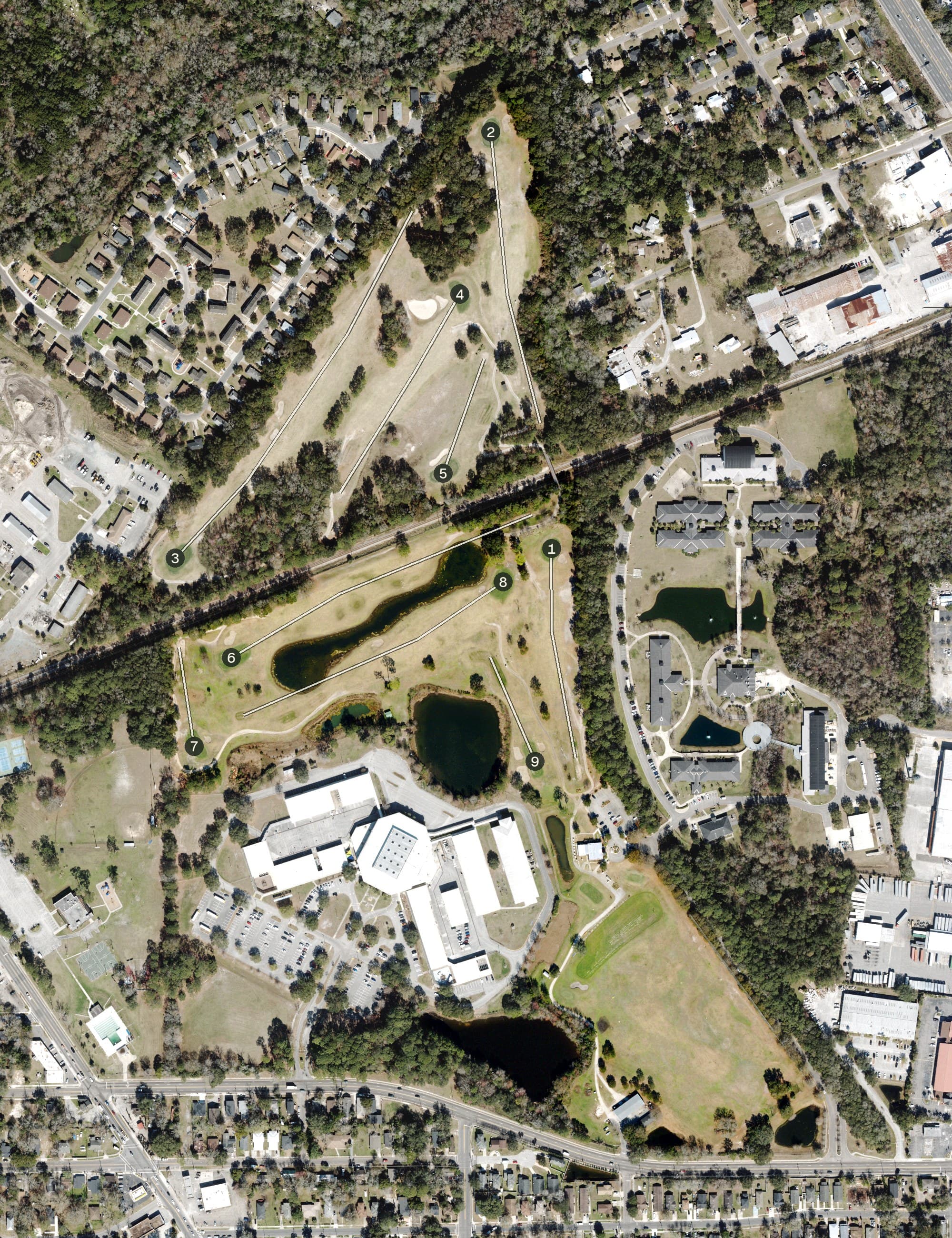 Aerial view of Brentwood Golf Course, FL, with its hole routing marked