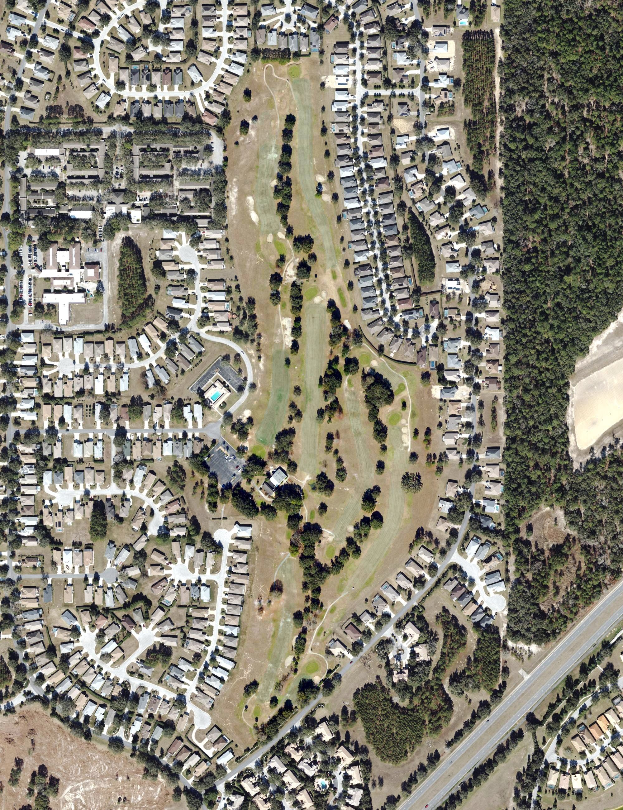 Aerial view of Brentwood, FL, with its hole routing marked