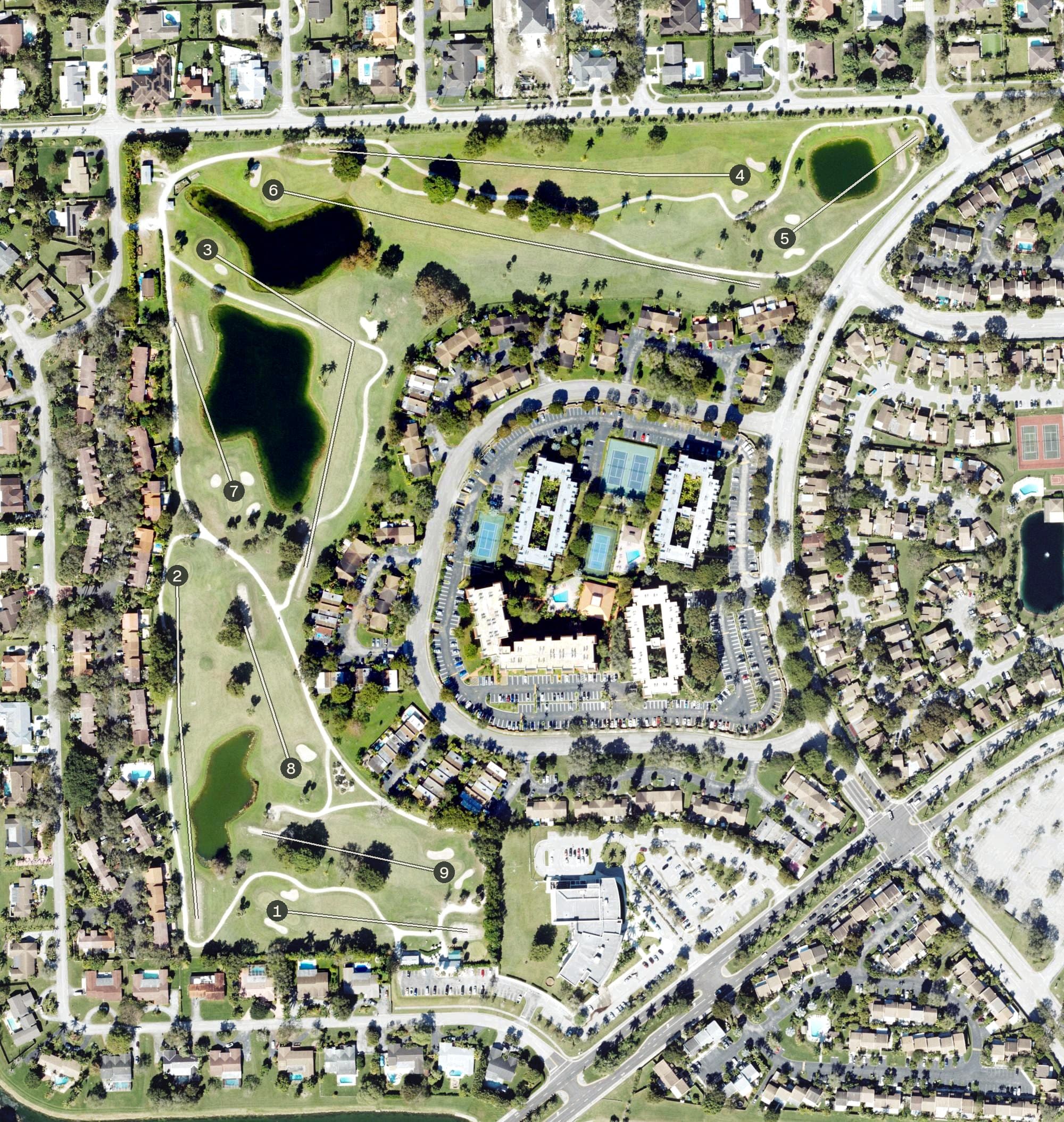 Aerial view of Briar Bay Golf Course, FL, with its hole routing marked