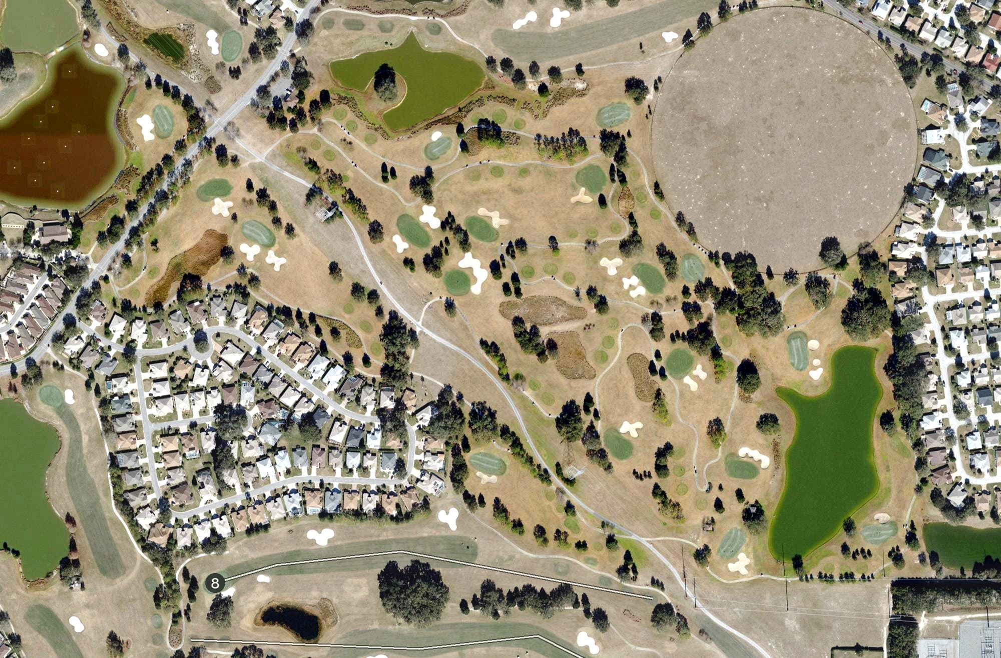 Aerial view of Briarwood & Walnut Grove Courses (The Villages), FL, with its hole routing marked
