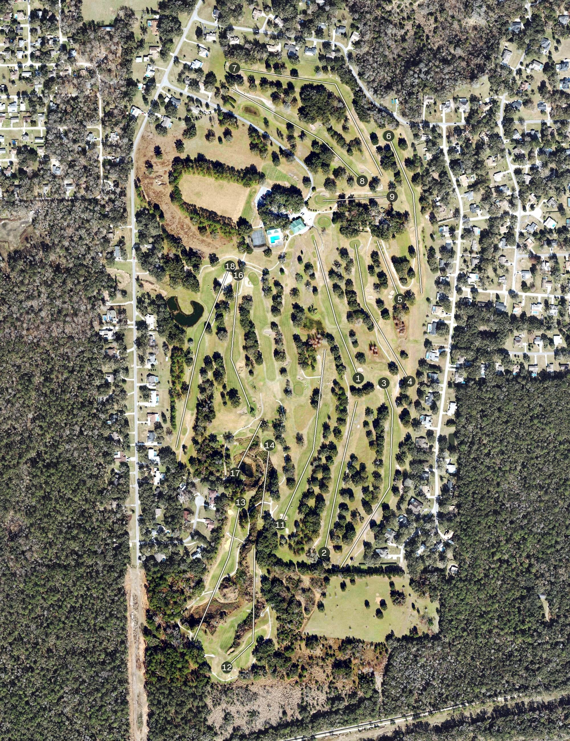Aerial view of Brooksville Country Club, FL, with its hole routing marked