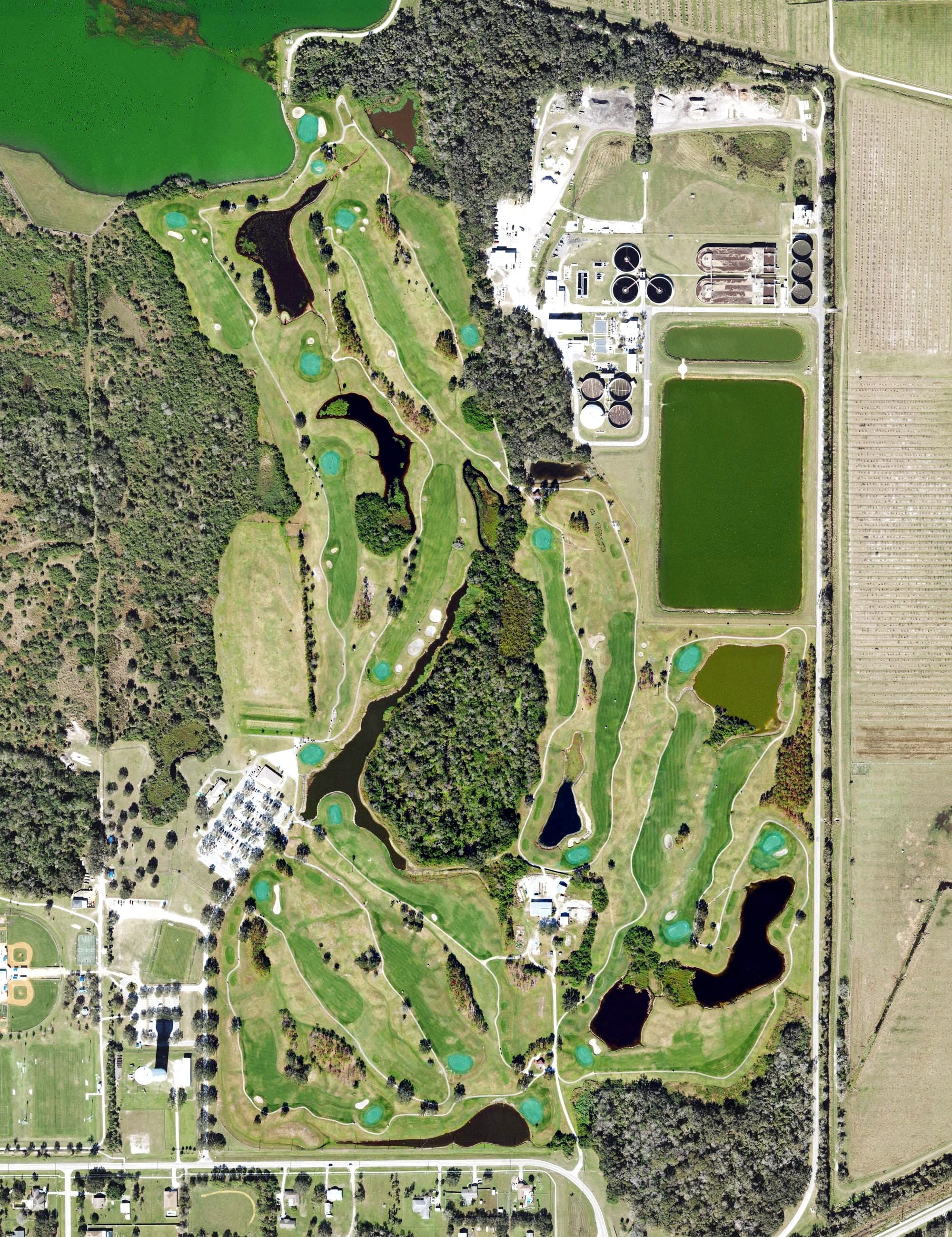 Aerial view of Buffalo Creek Golf Course, FL, with its hole routing marked