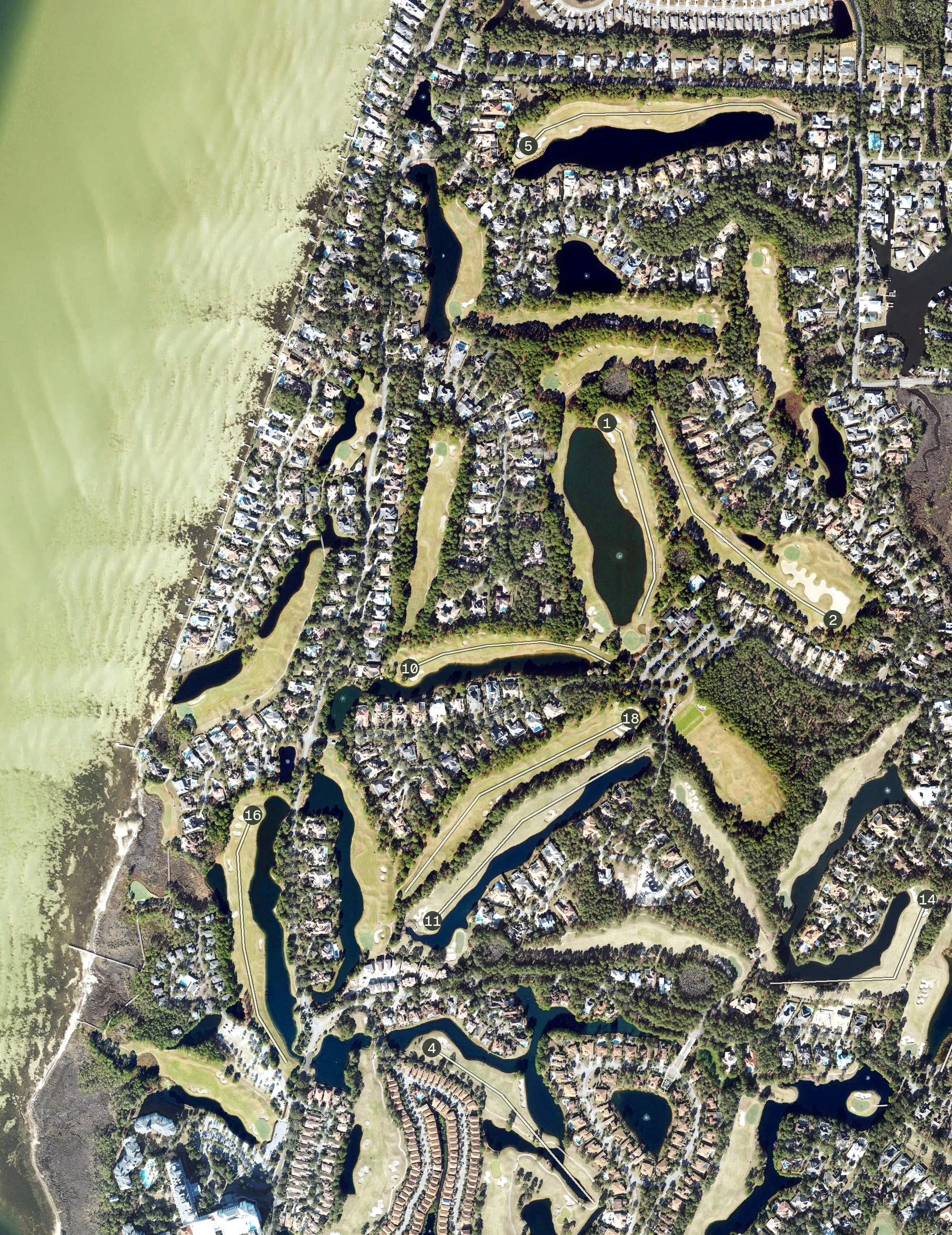 Aerial view of Burnt Pine Golf Club, FL, with its hole routing marked