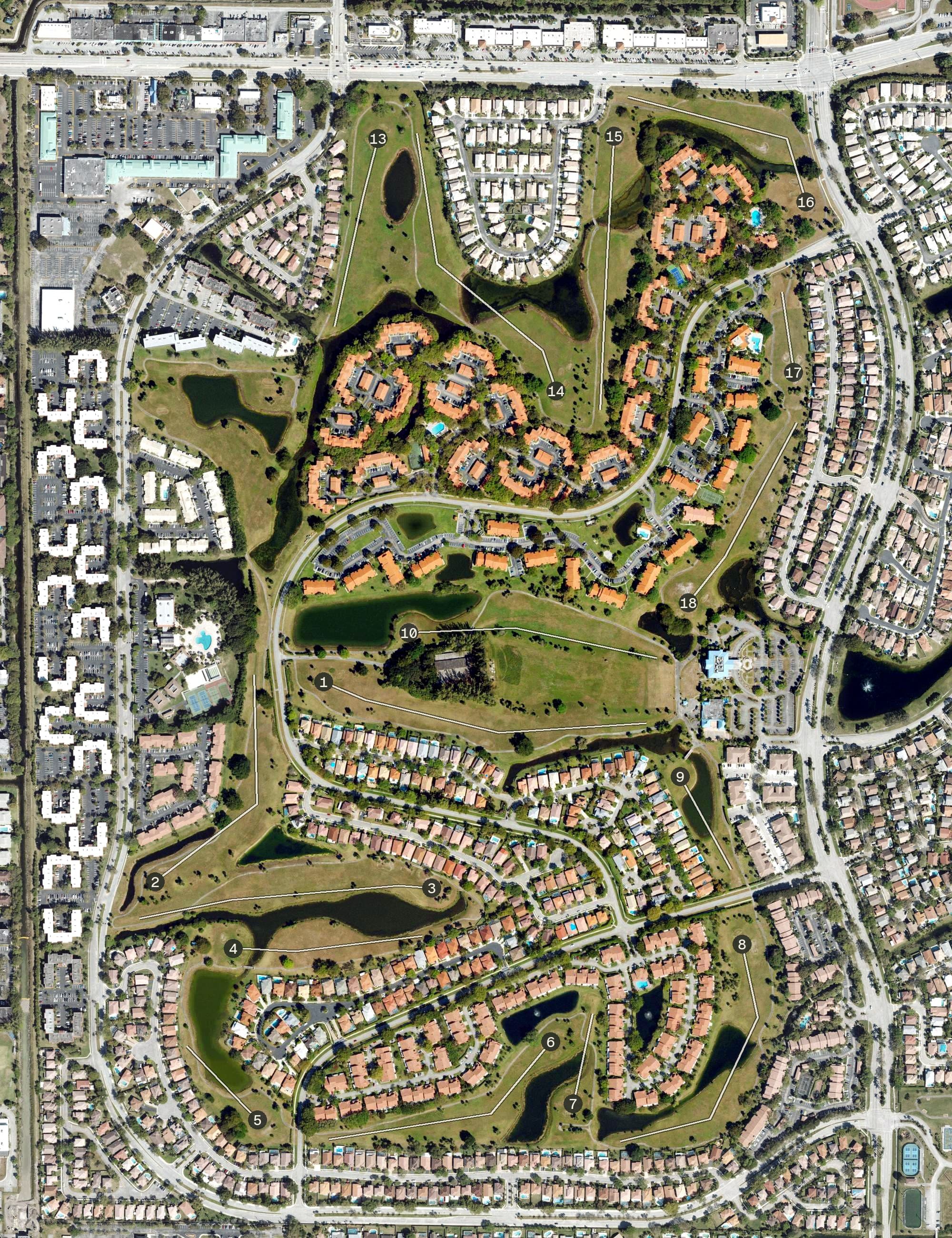 Aerial view of Carolina Golf Club, FL, with its hole routing marked