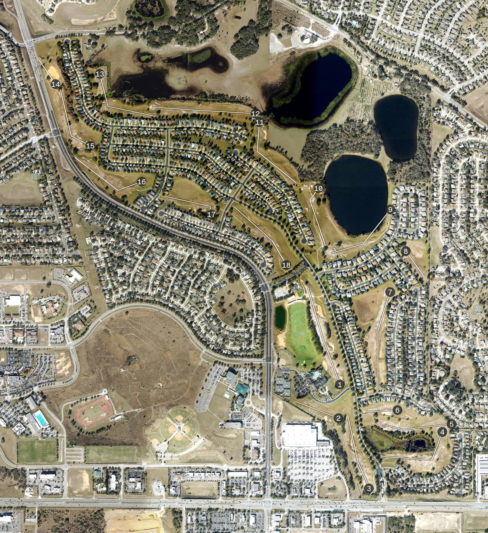 Aerial view of Clermont National, FL, with its hole routing marked