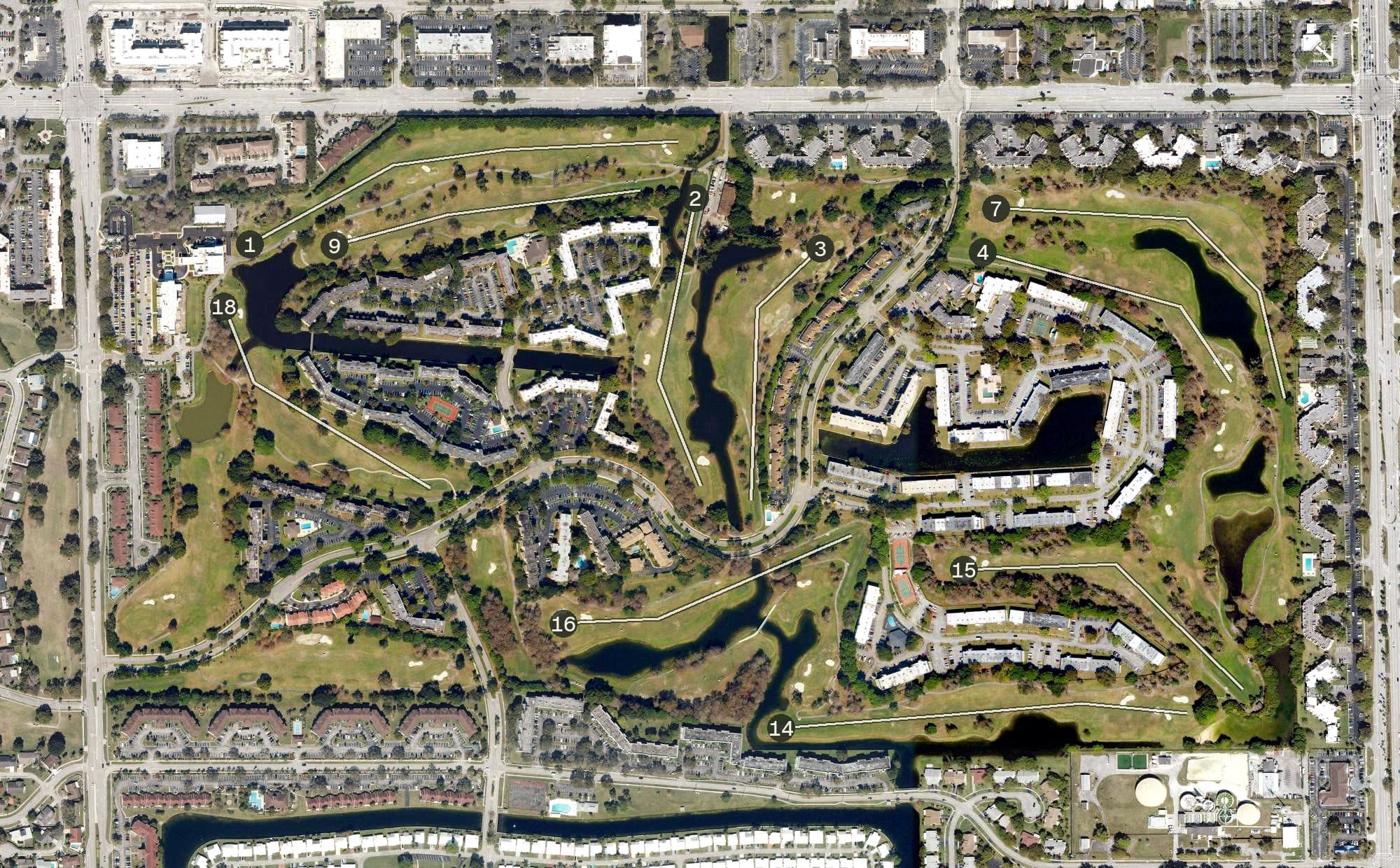 Aerial view of Colony West Golf Club - Championship Course, FL, with its hole routing marked