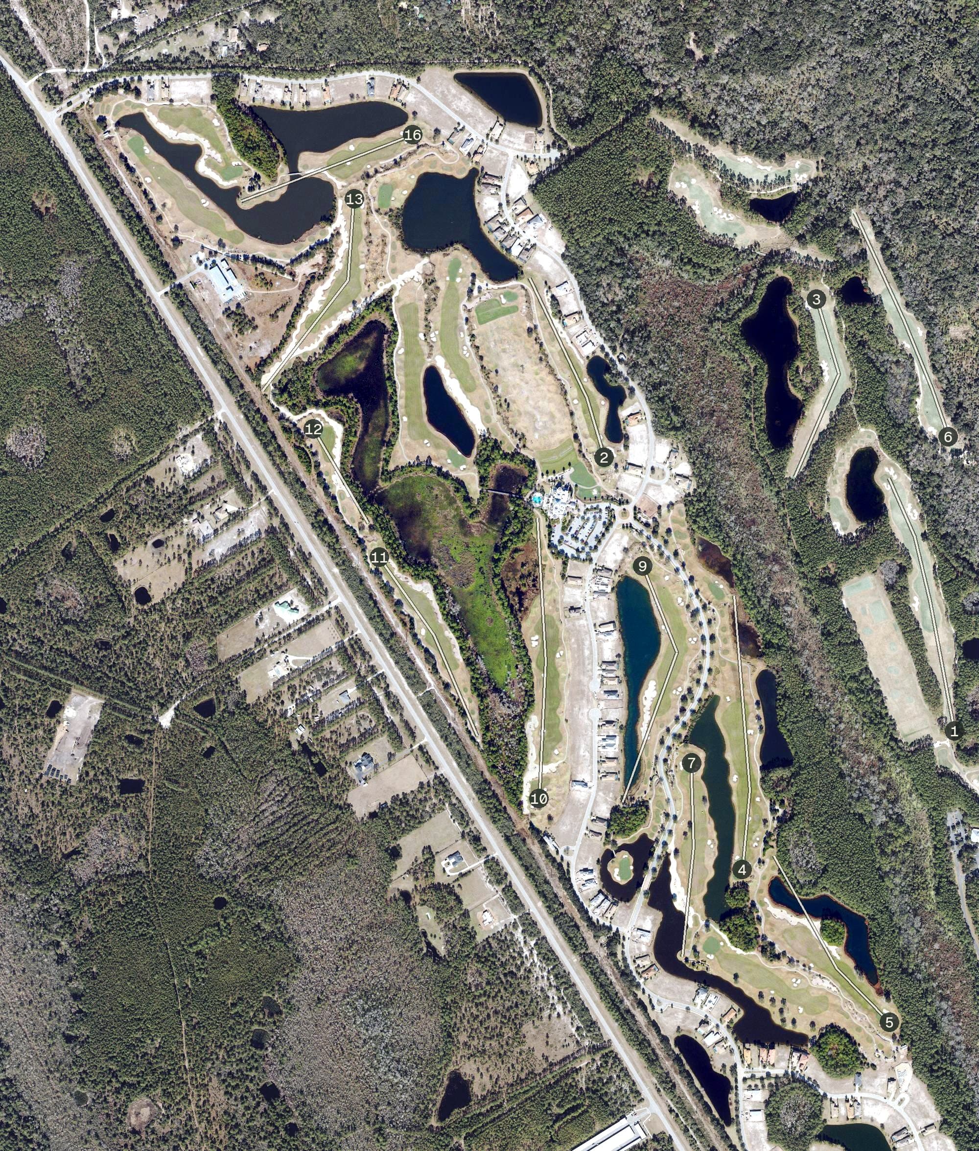 Aerial view of Conservatory Course, FL, with its hole routing marked