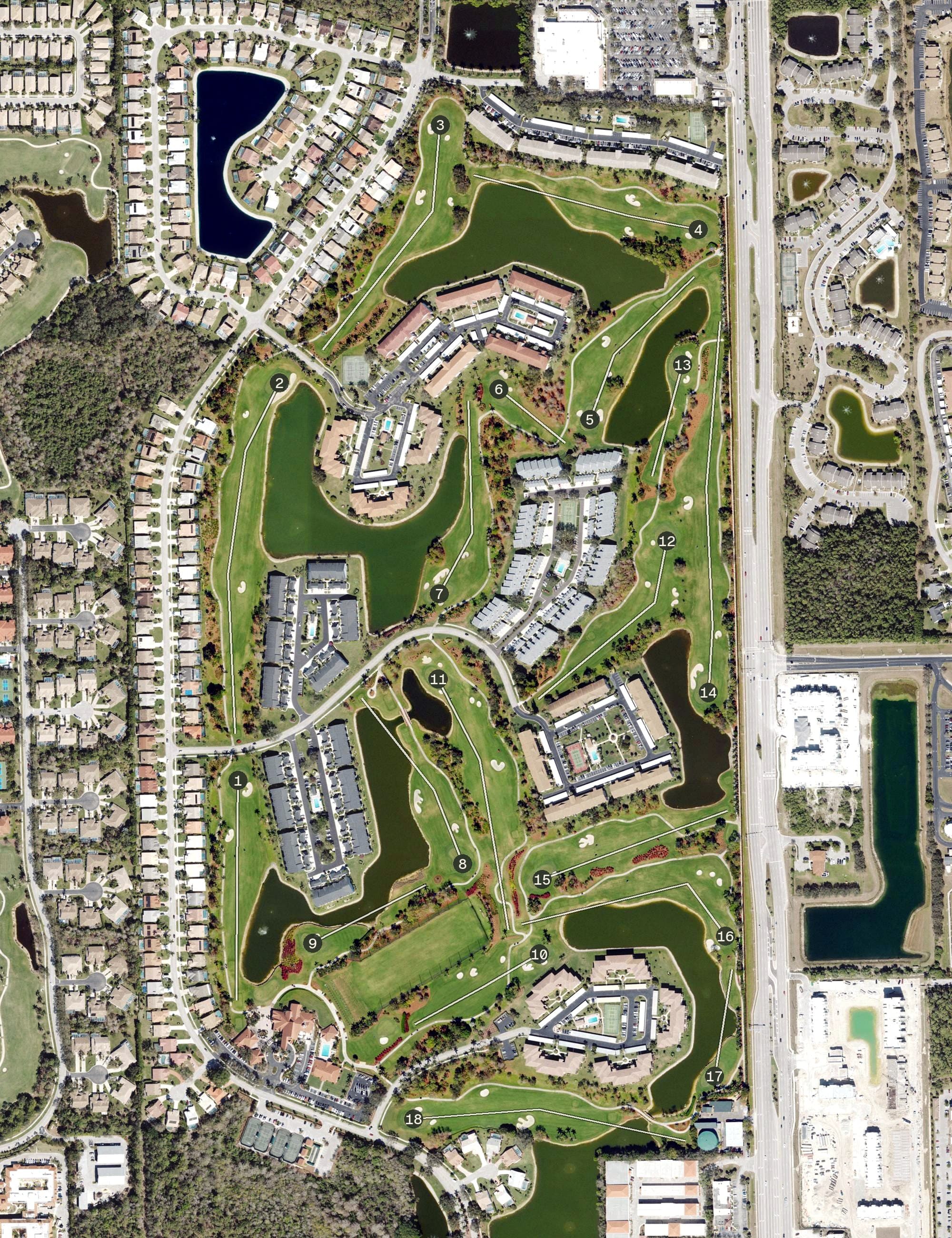 Aerial view of Countryside Golf & Country Club, FL, with its hole routing marked