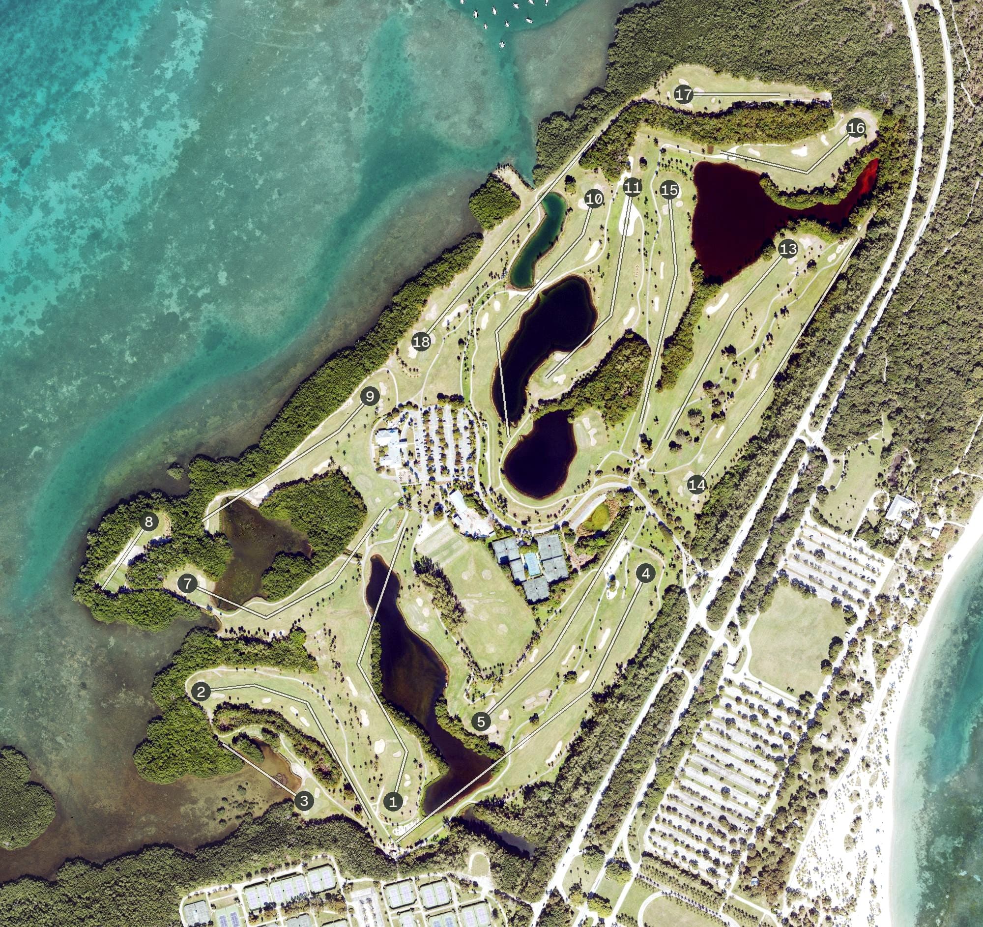 Aerial view of Crandon Park Golf Course, FL, with its hole routing marked