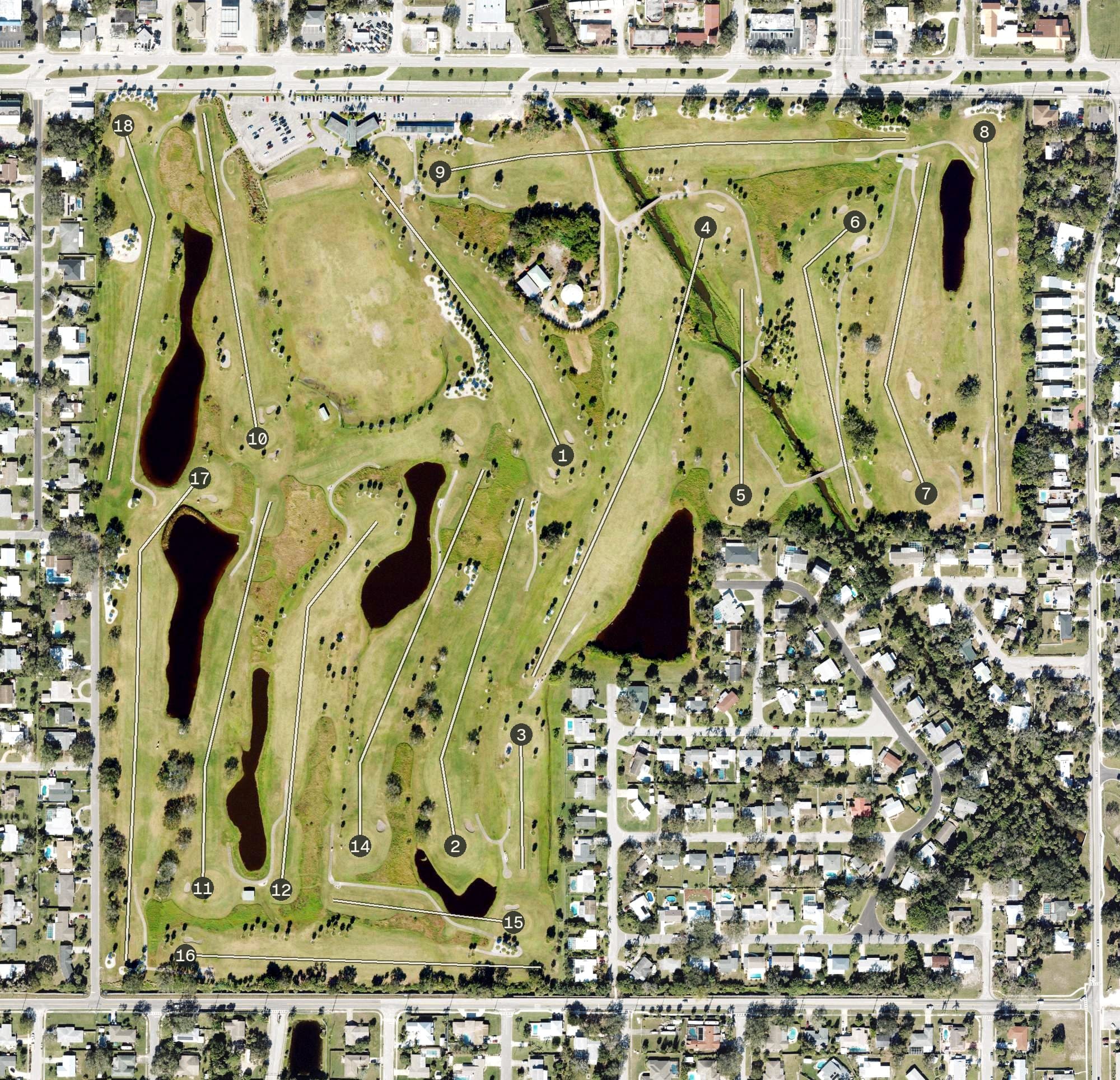 Aerial view of Crane Creek Reserve Golf Course, FL, with its hole routing marked