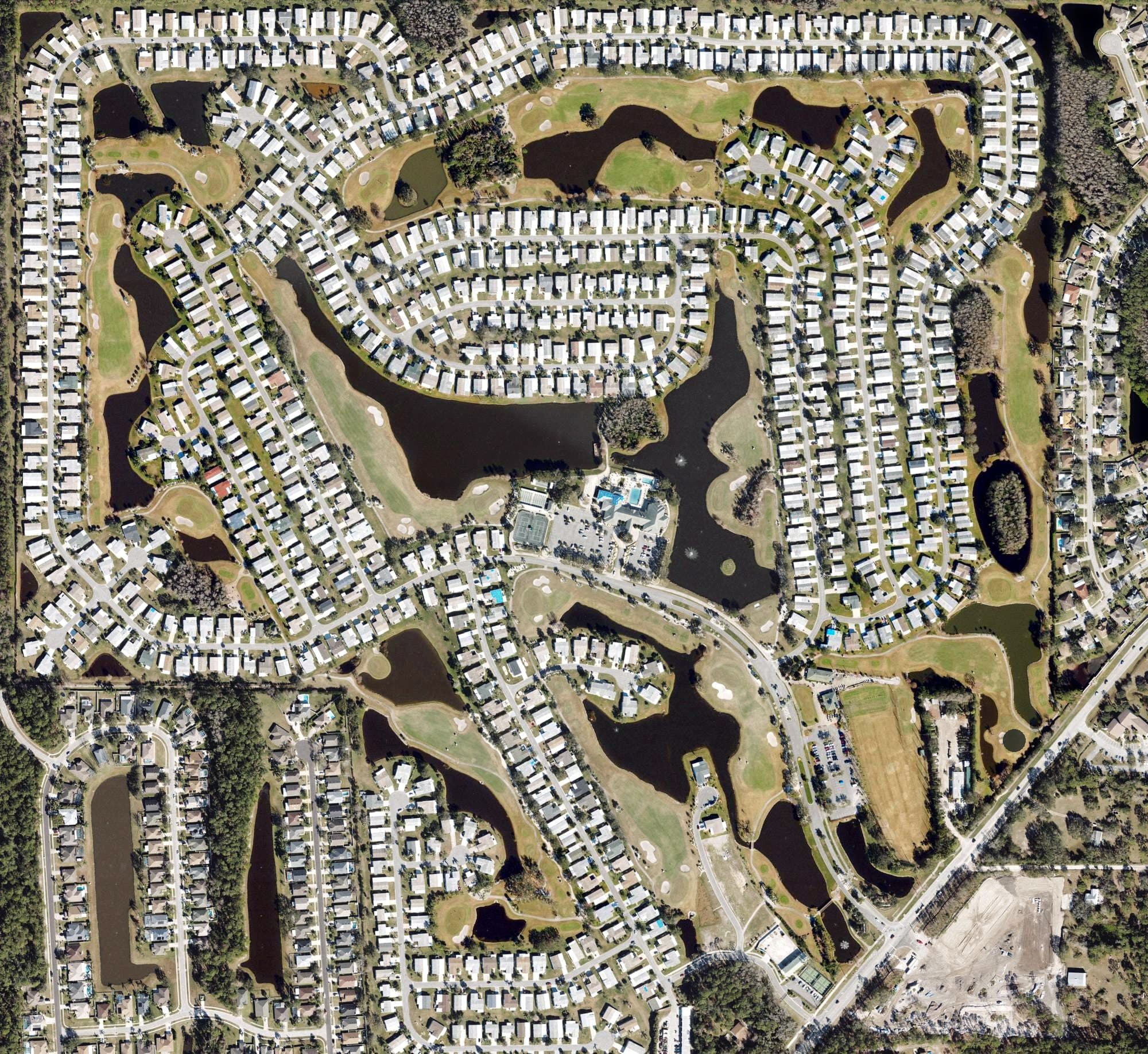 Aerial view of Crane Lakes Golf & Country Club, FL, with its hole routing marked