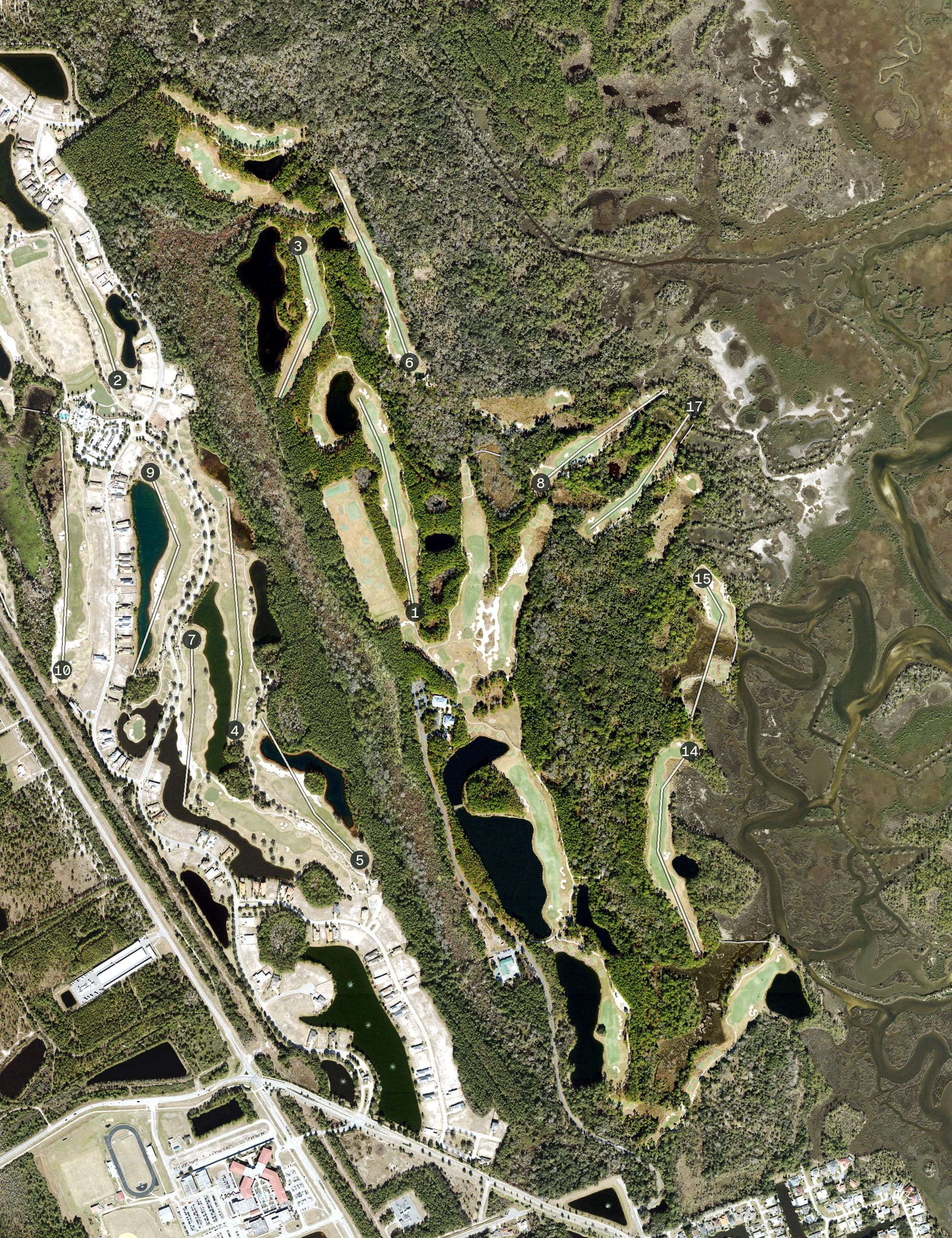 Aerial view of Creek Course, FL, with its hole routing marked