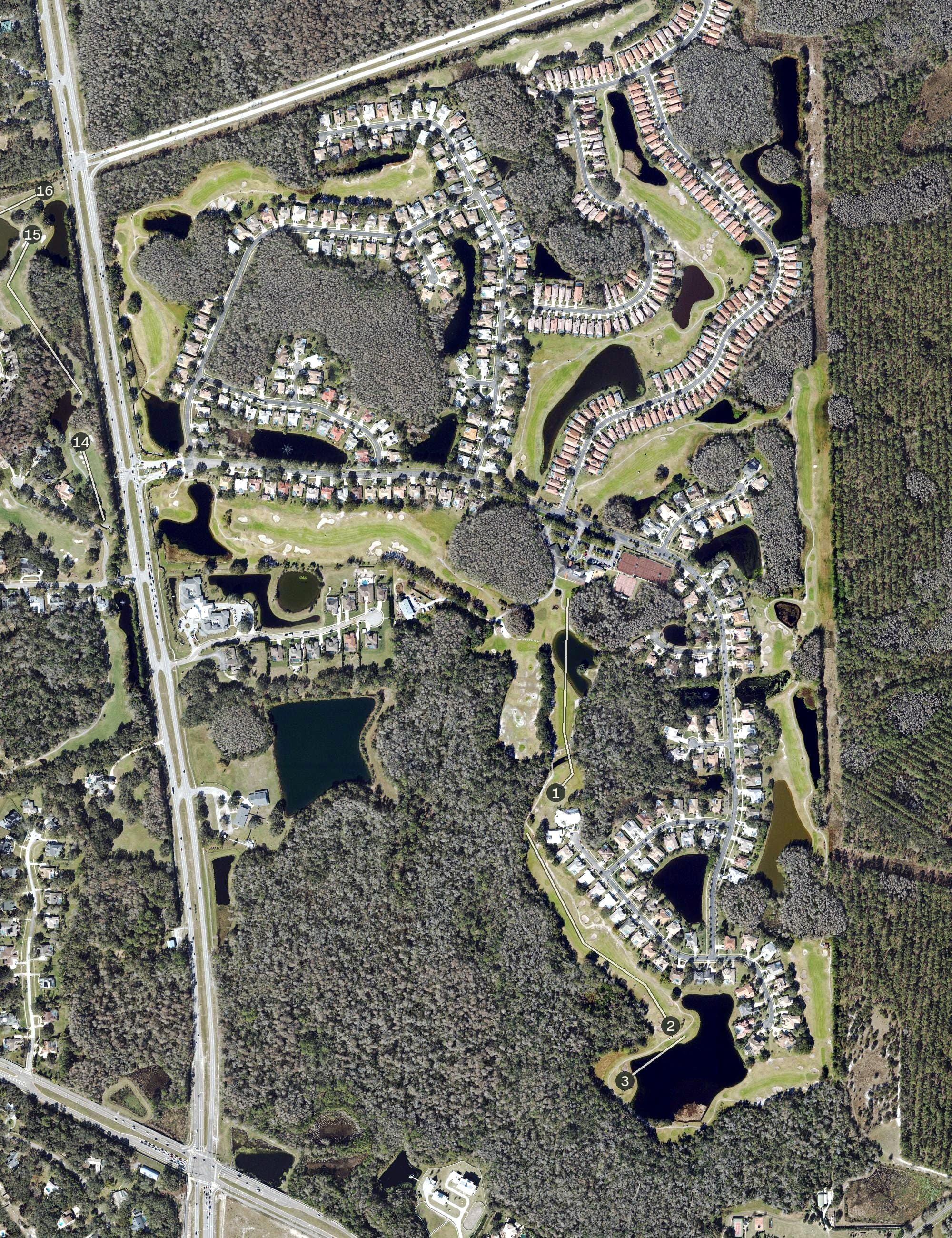 Aerial view of Crescent Oaks Country Club, FL, with its hole routing marked