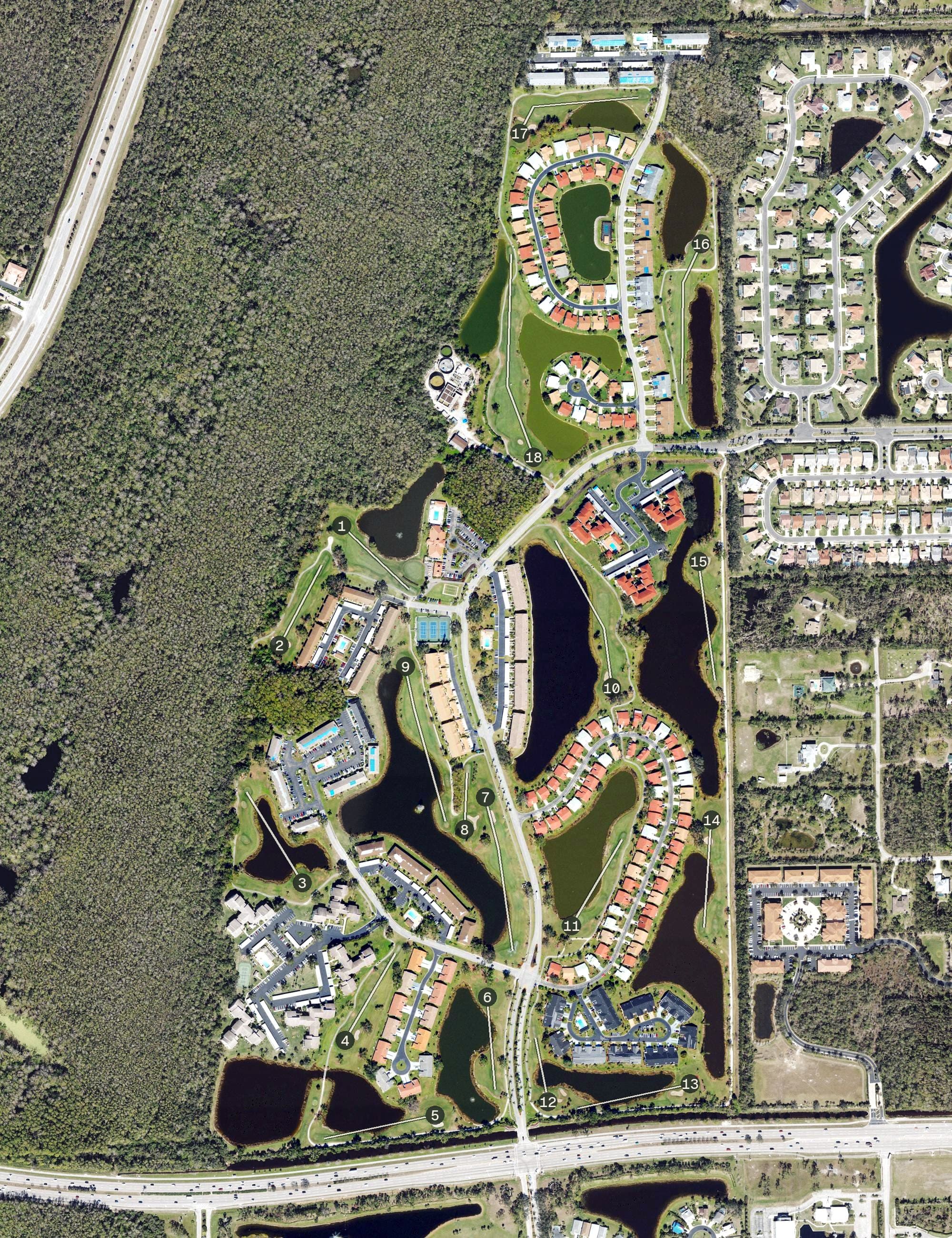 Aerial view of Cross Creek Golf & Country Club, FL, with its hole routing marked