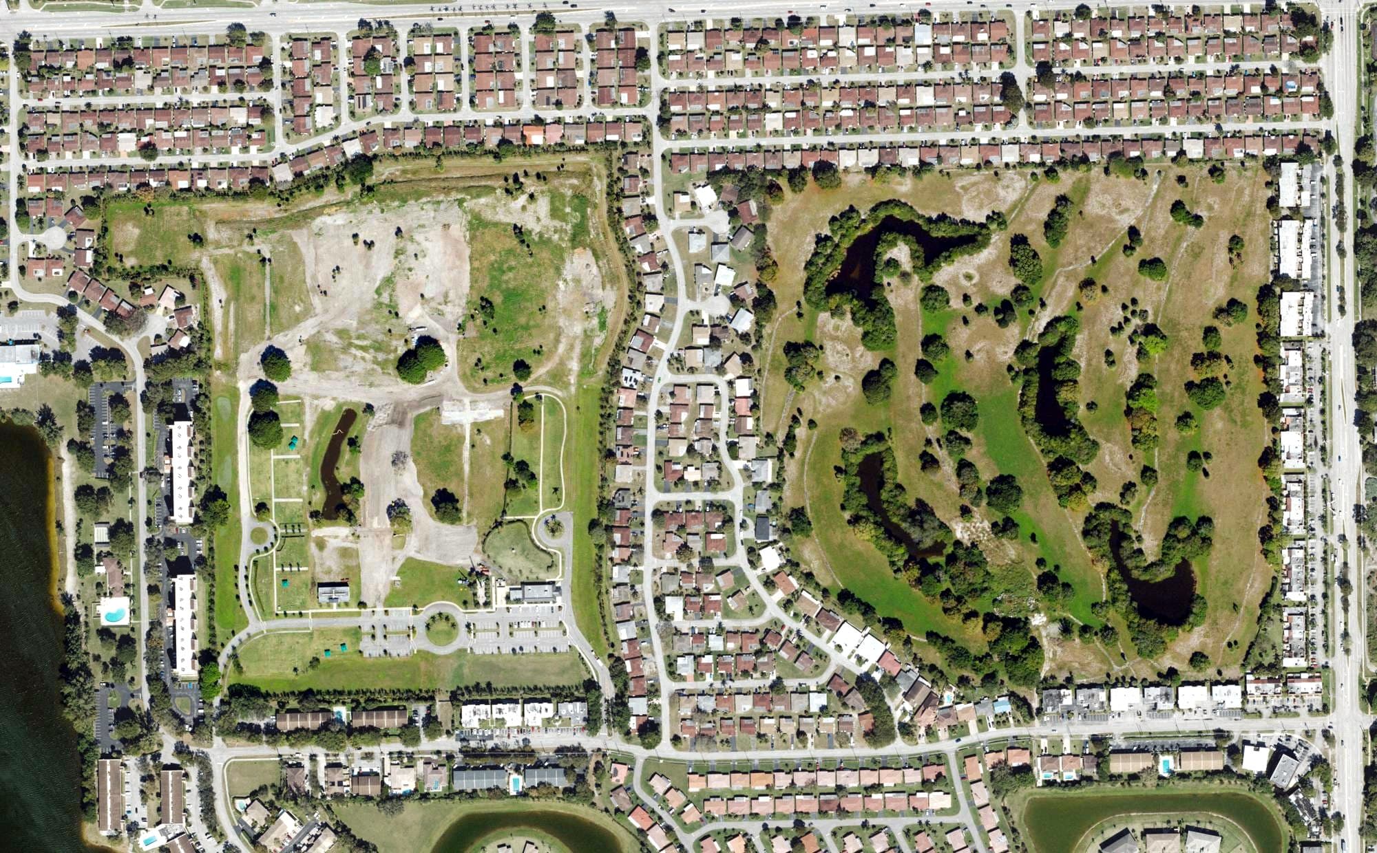 Aerial view of Crystal Lake Country Club - Tam O'Shanter Golf Course (closed), FL, with its hole routing marked