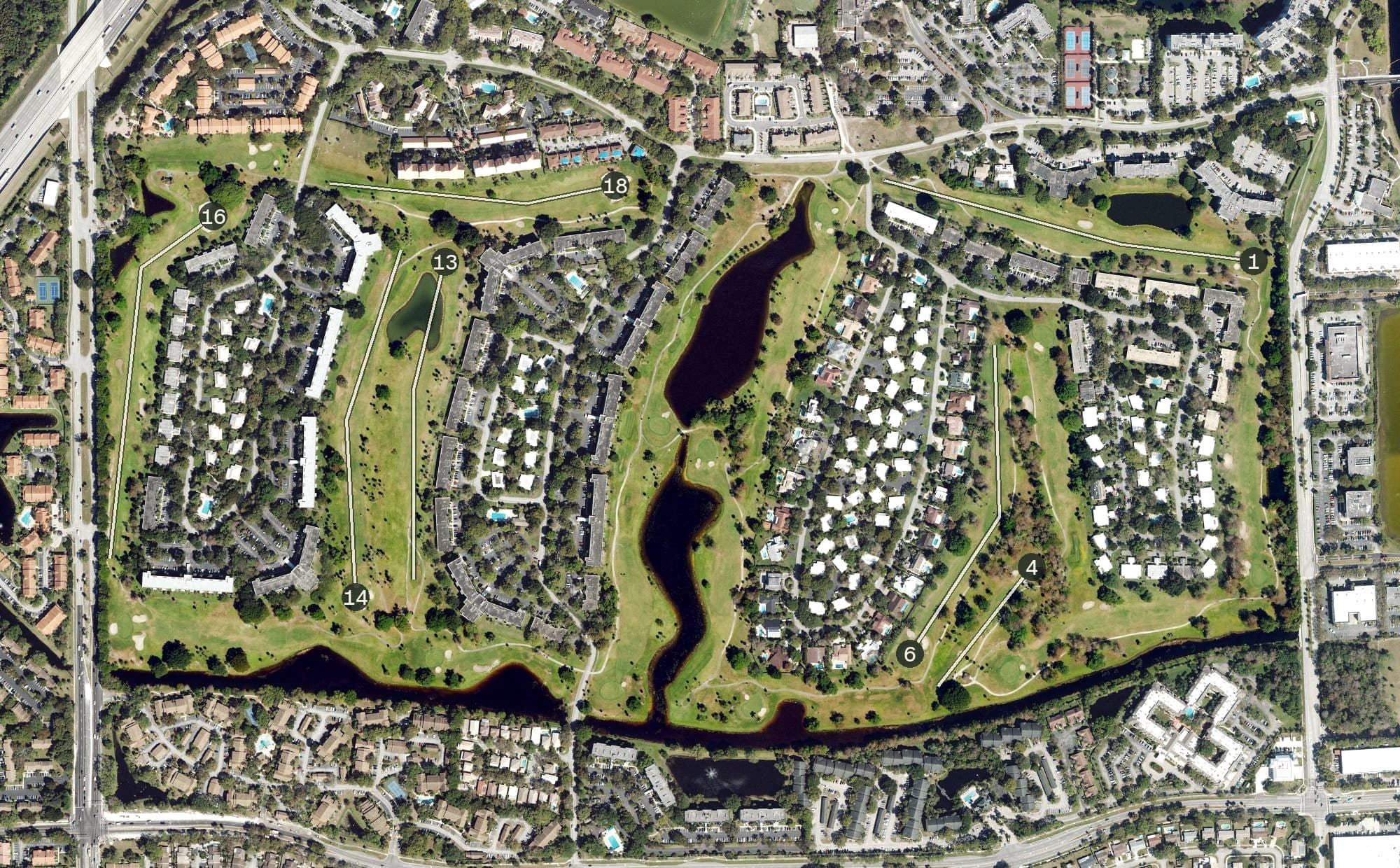 Aerial view of Cypress Course, FL, with its hole routing marked