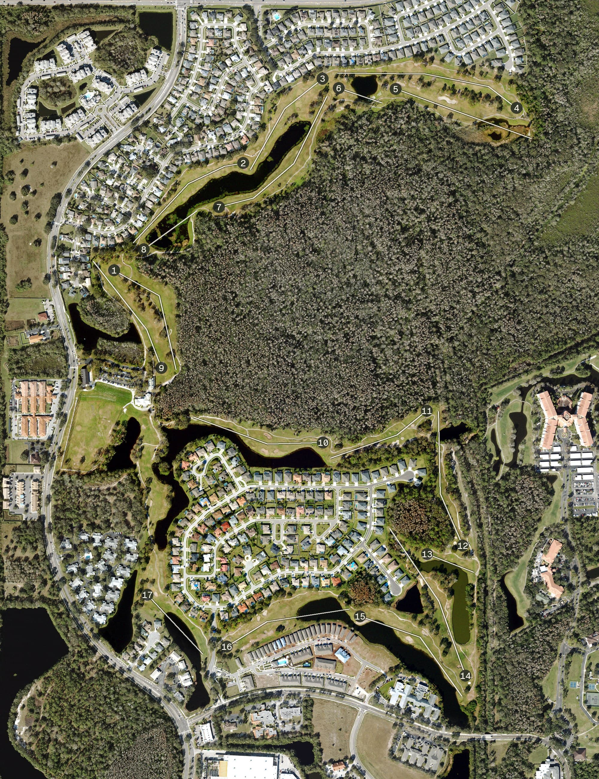Aerial view of Cypress Creek Golf Club, FL, with its hole routing marked