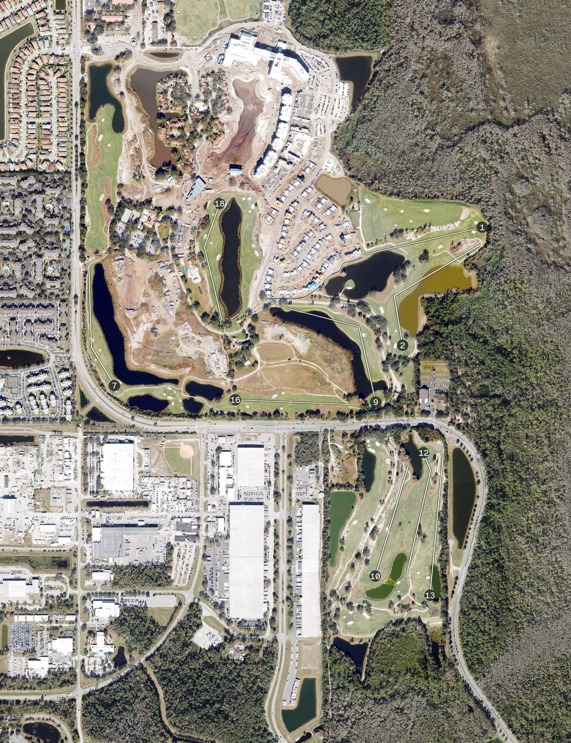 Aerial view of Cypress Golf Course, FL, with its hole routing marked