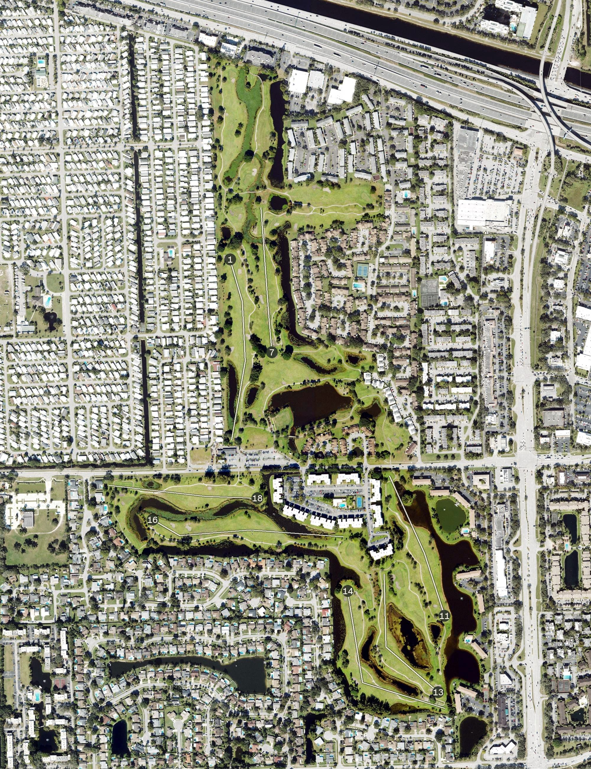 Aerial view of Davie Golf and Country Club, FL, with its hole routing marked