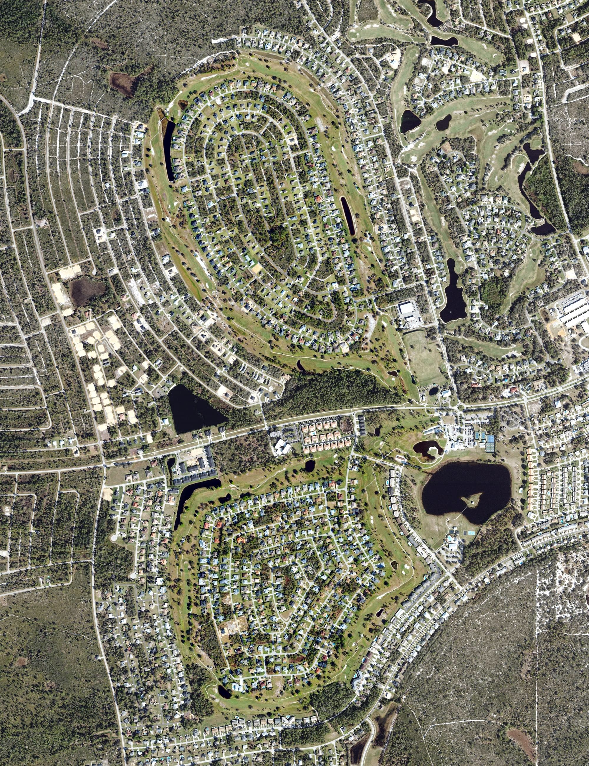 Aerial view of Deer Run Course, FL, with its hole routing marked
