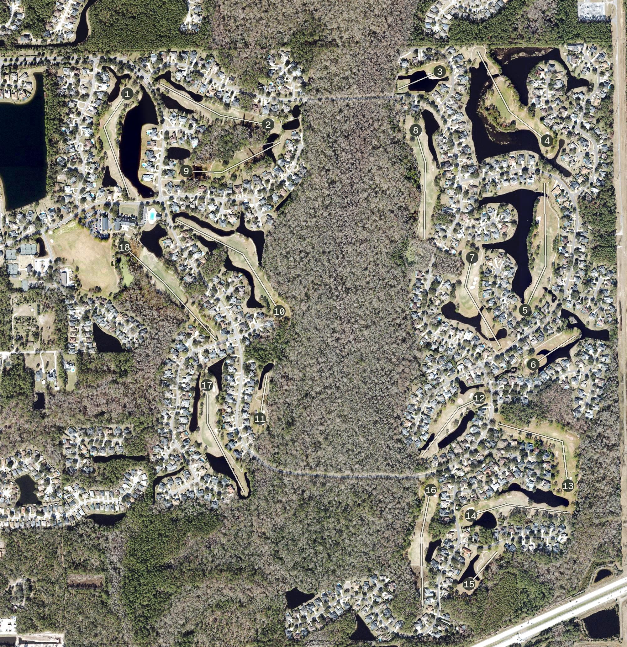 Aerial view of Deercreek Country Club, FL, with its hole routing marked