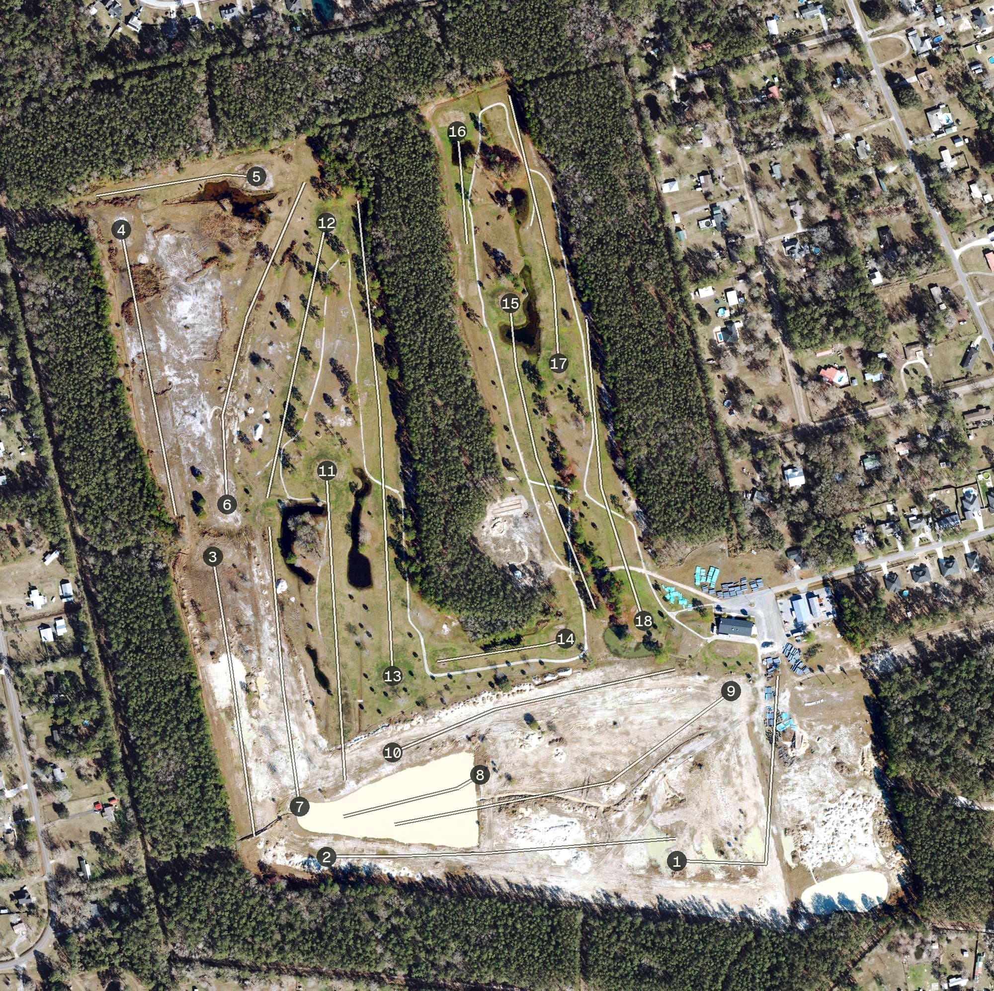 Aerial view of Deerfield Lakes Golf Club, FL, with its hole routing marked