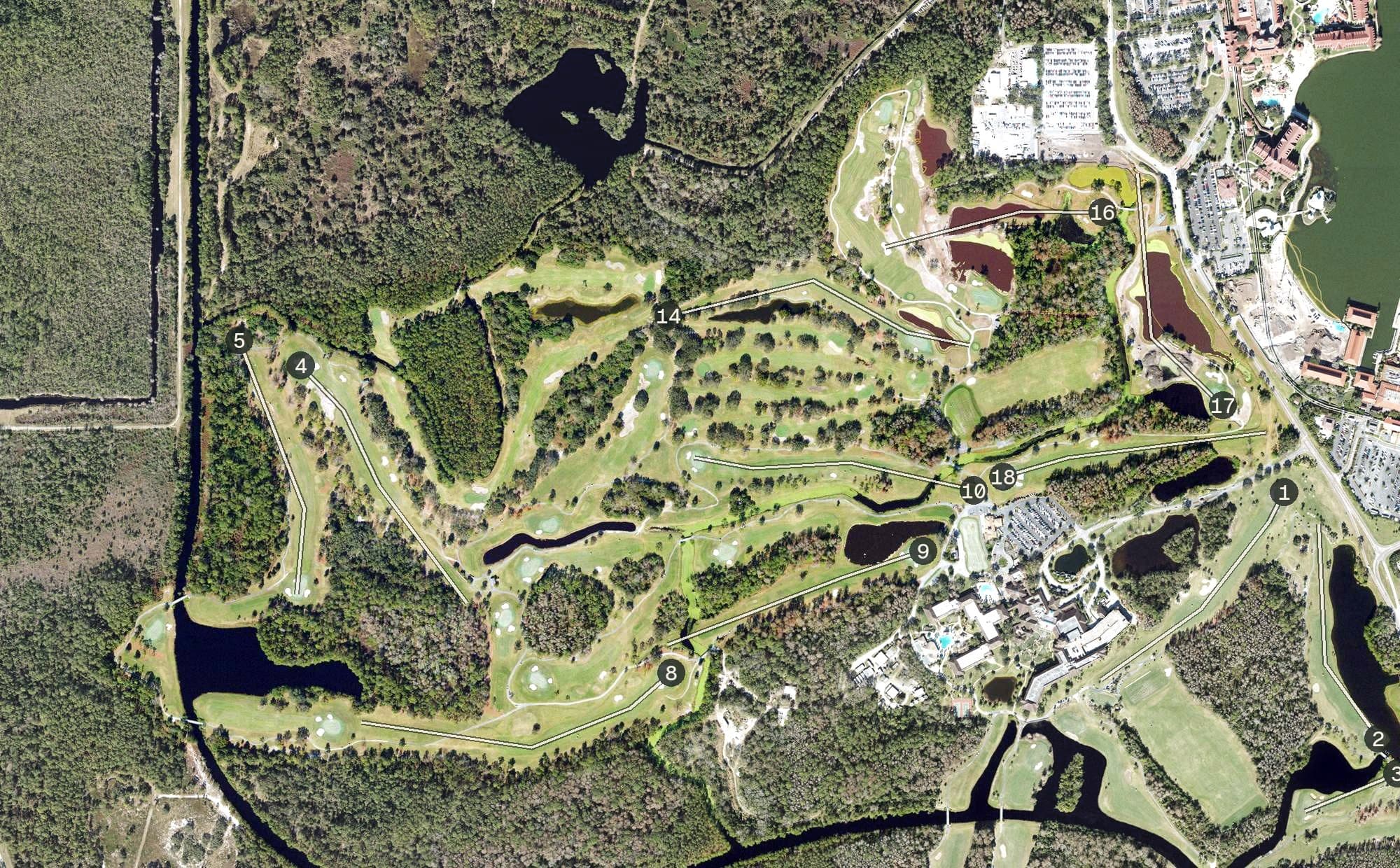 Aerial view of Disney's Magnolia Golf Course, FL, with its hole routing marked