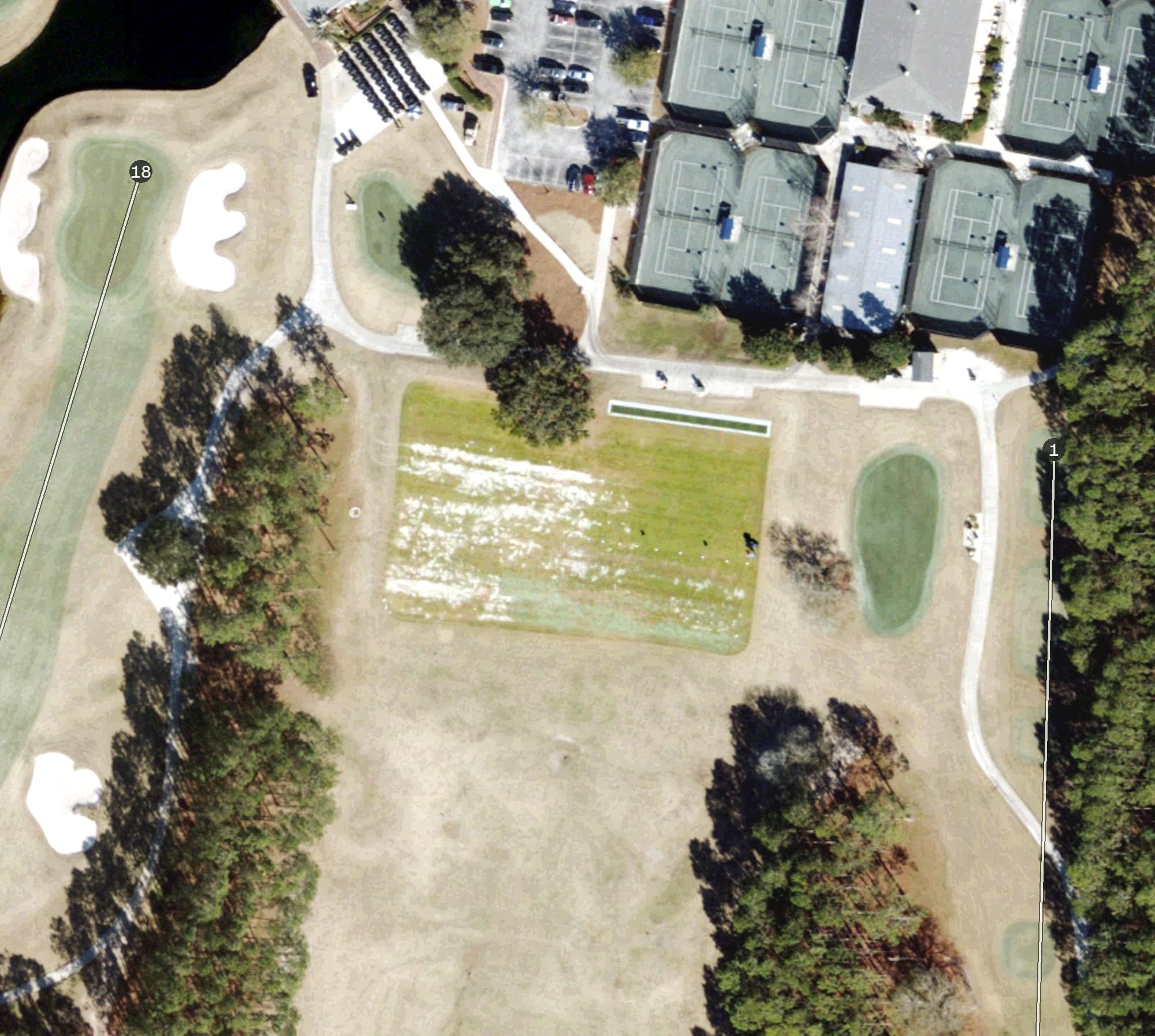 Aerial view of Driving Range Tee off, FL, with its hole routing marked