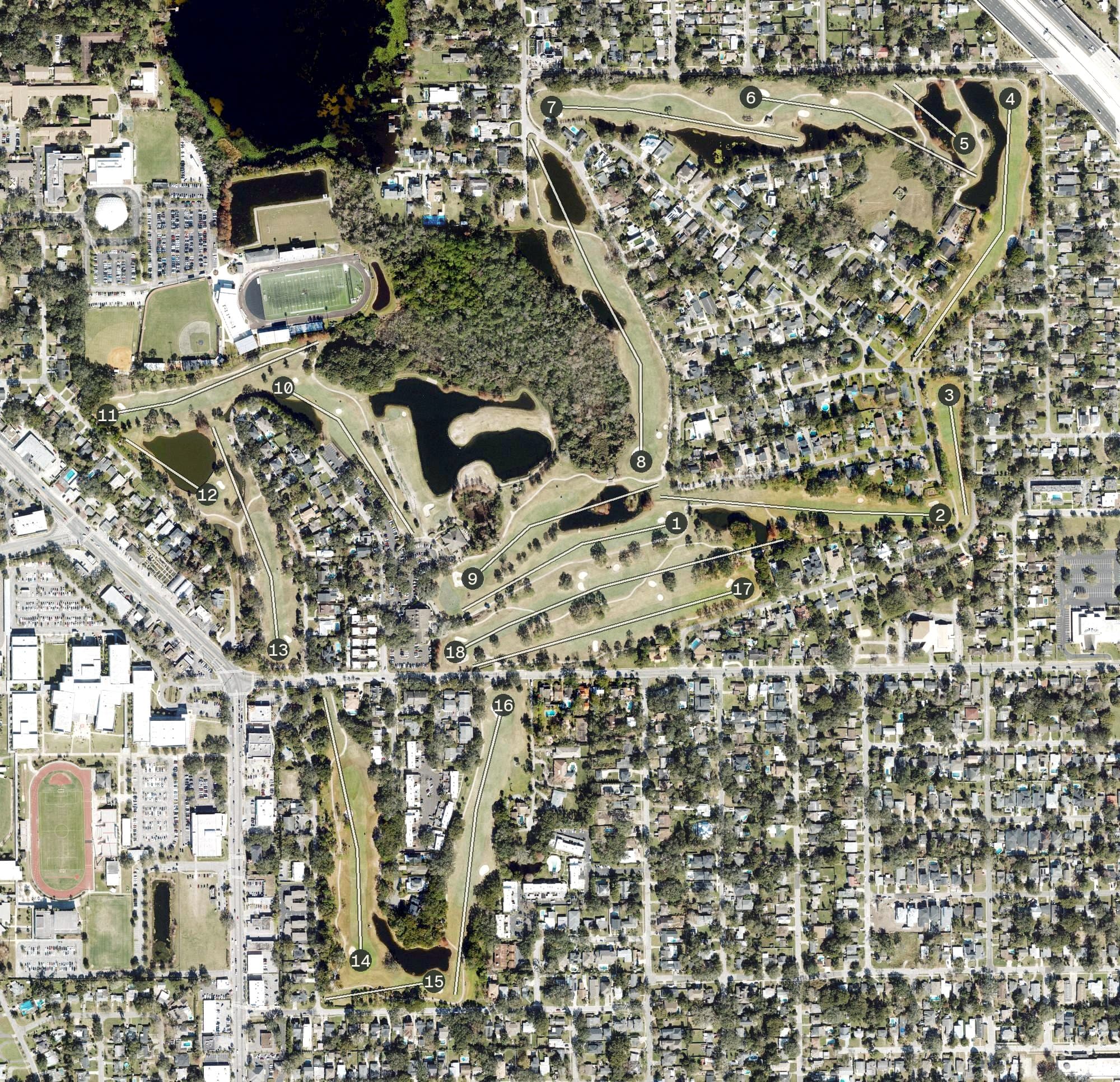 Aerial view of Dubsdread Golf Course, FL, with its hole routing marked