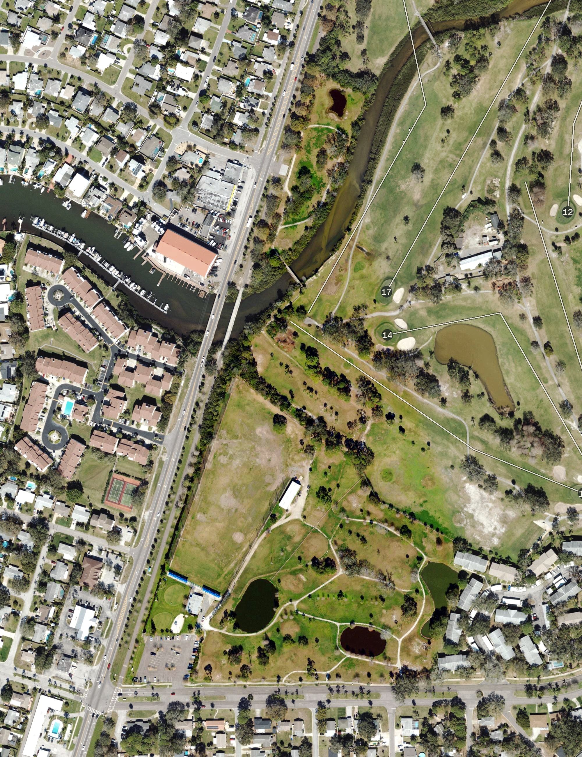 Aerial view of Dunedin Stirling Links, FL, with its hole routing marked
