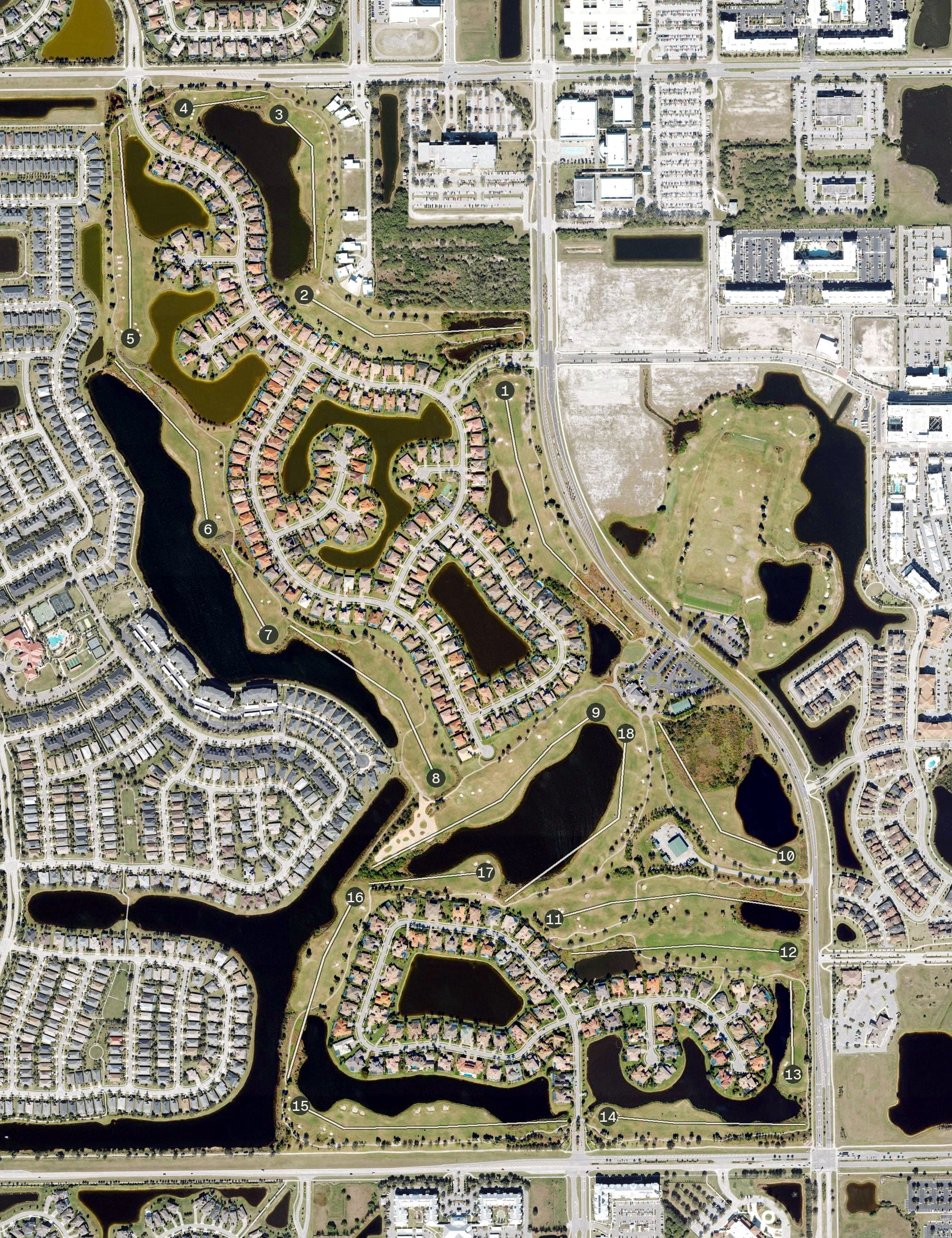 Aerial view of Duran Golf Club, FL, with its hole routing marked