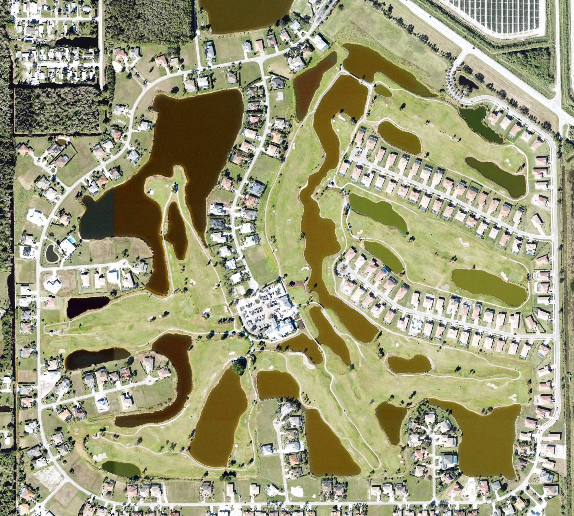 Aerial view of Eagle Lakes Golf Club, FL, with its hole routing marked