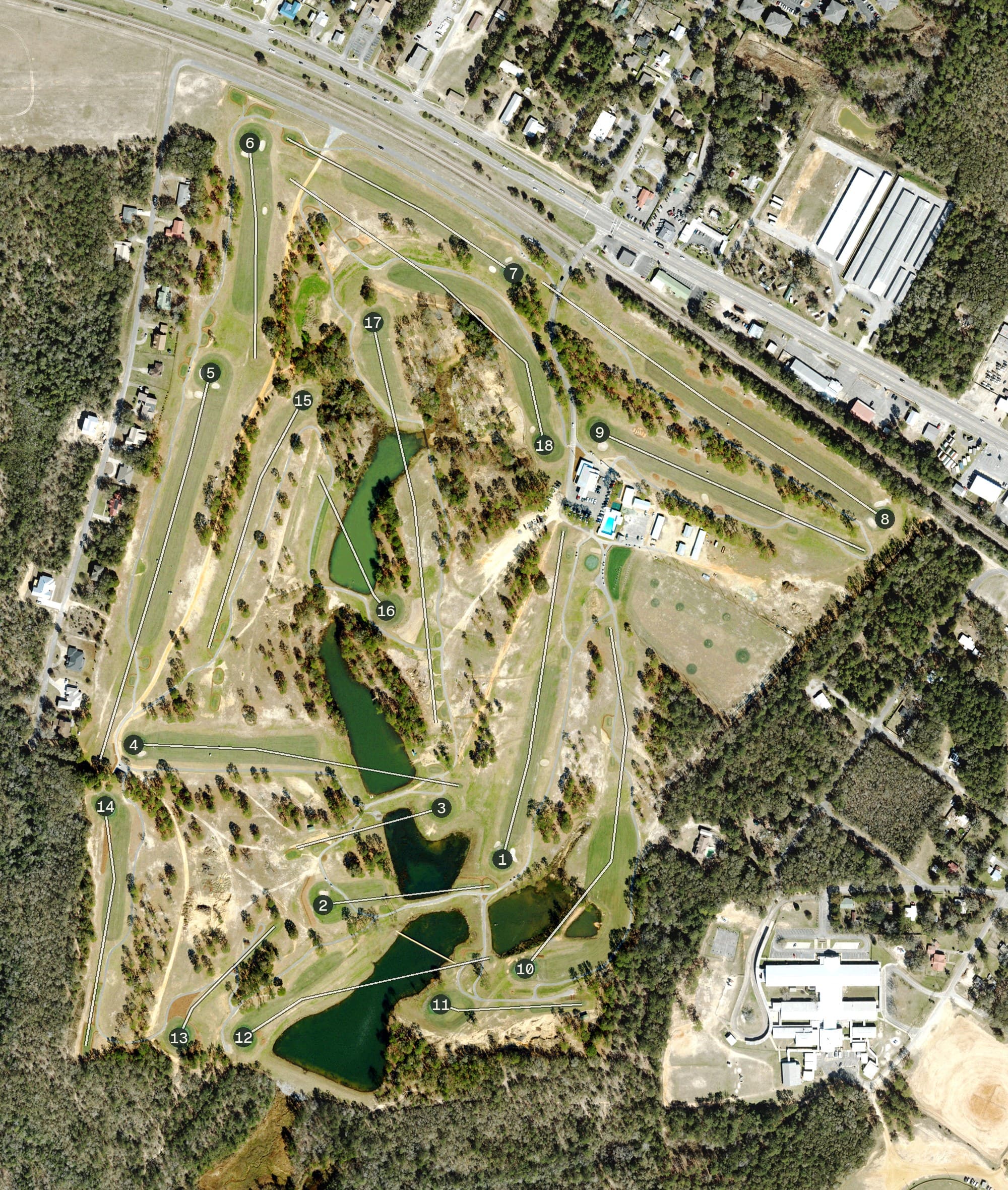 Aerial view of Eagle Springs Golf and Recreation Park, FL, with its hole routing marked