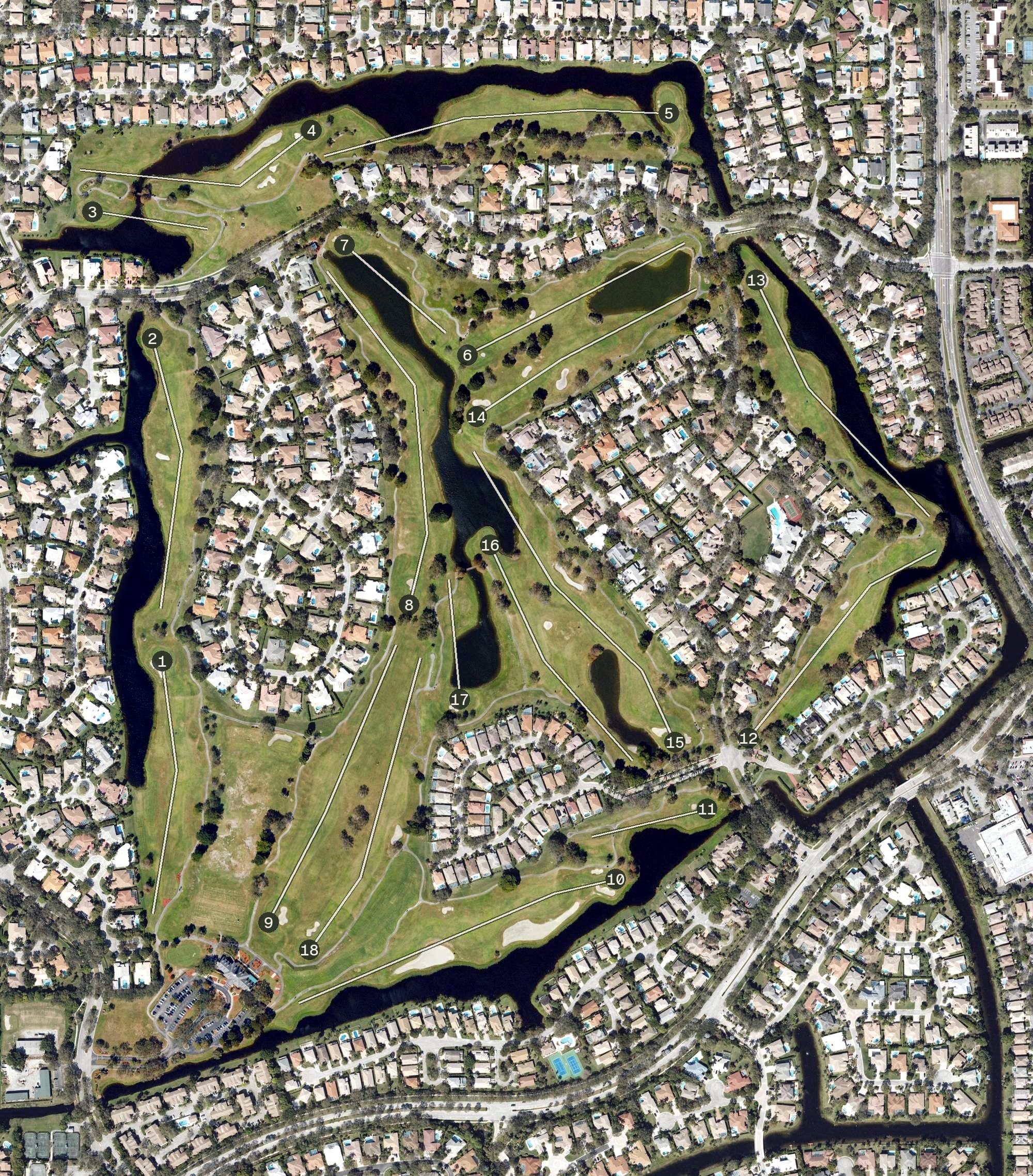 Aerial view of Eagle Trace Golf Club, FL, with its hole routing marked