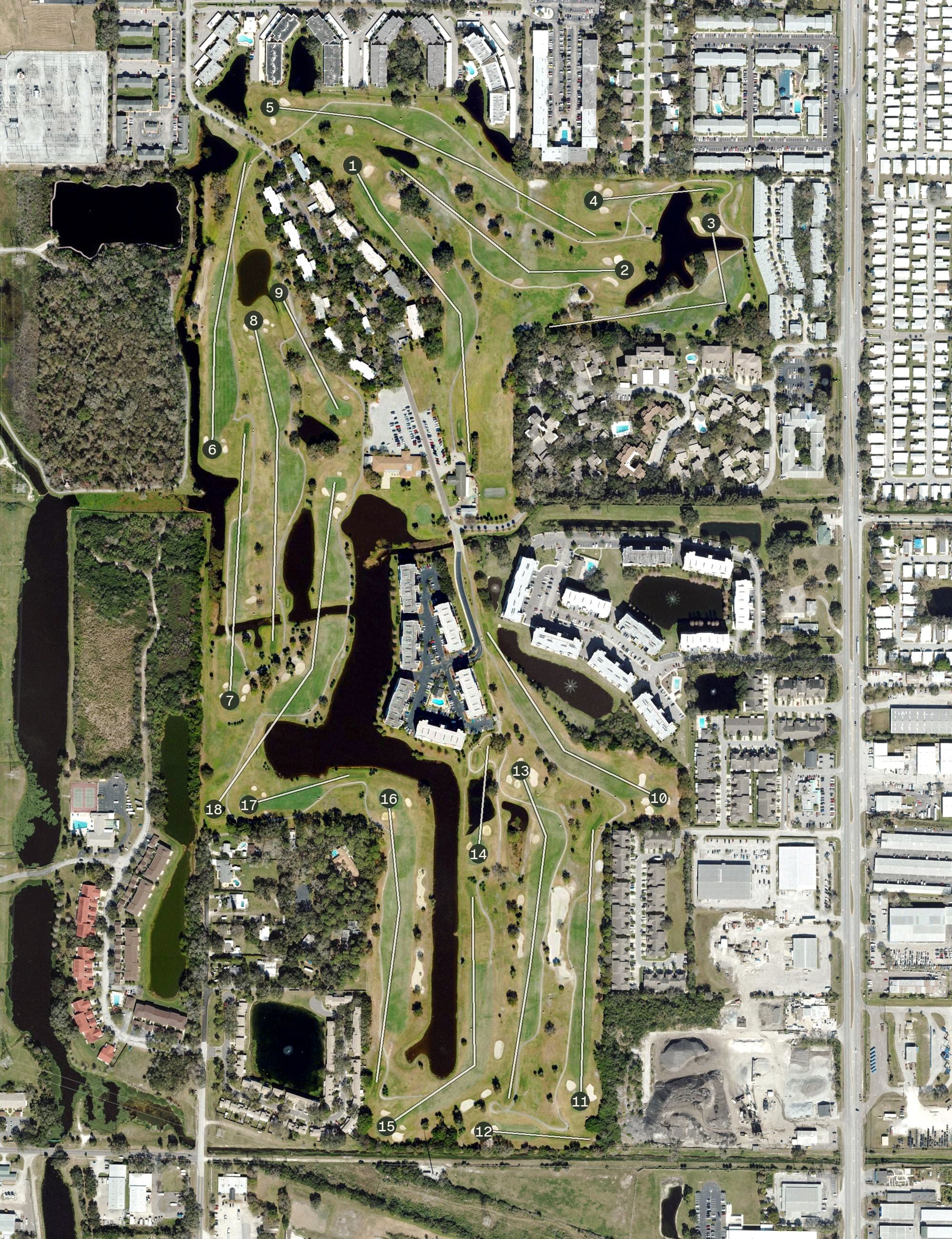 Aerial view of East Bay Golf Club, FL, with its hole routing marked