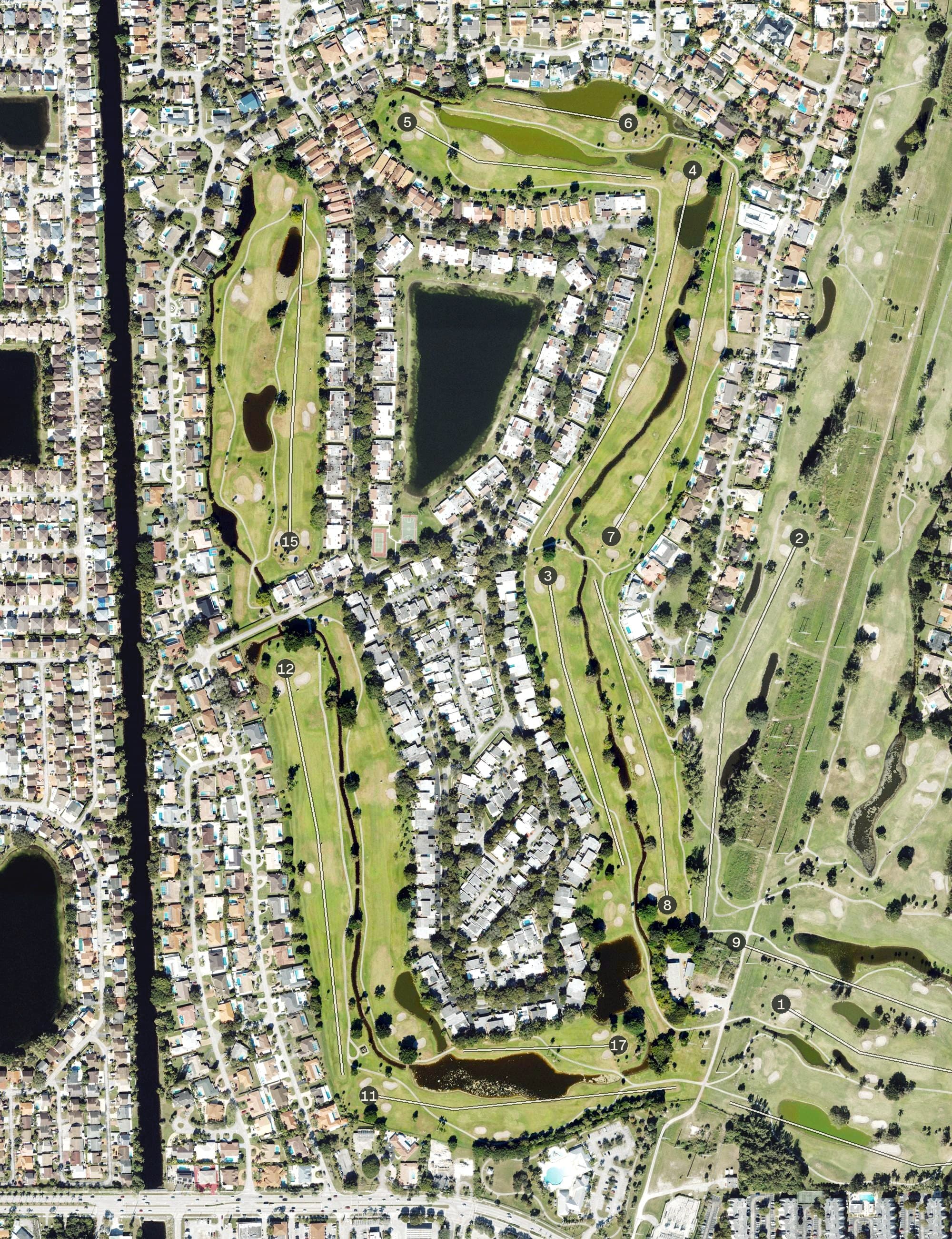Aerial view of East, FL, with its hole routing marked
