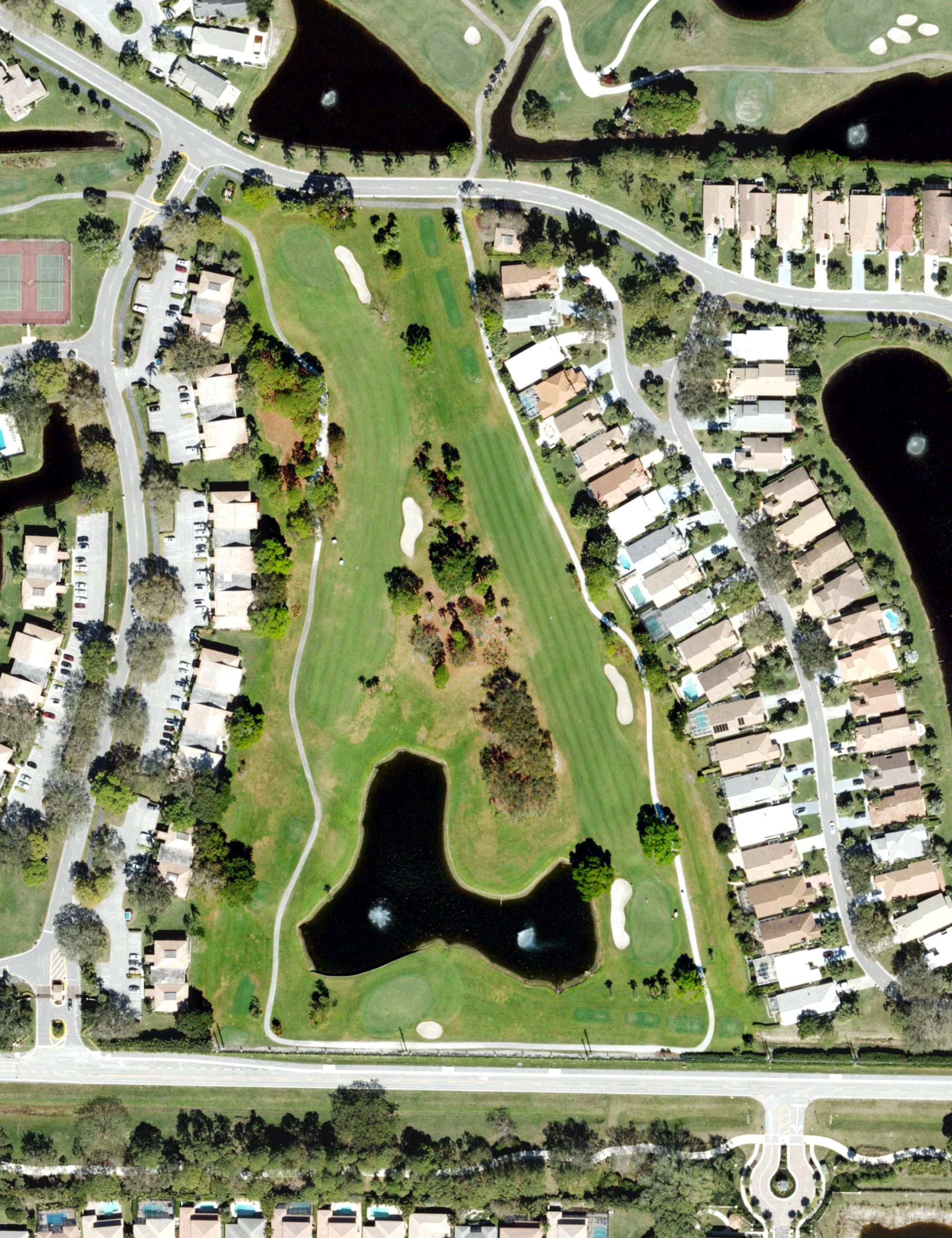 Aerial view of Eastpointe Country Club, FL, with its hole routing marked