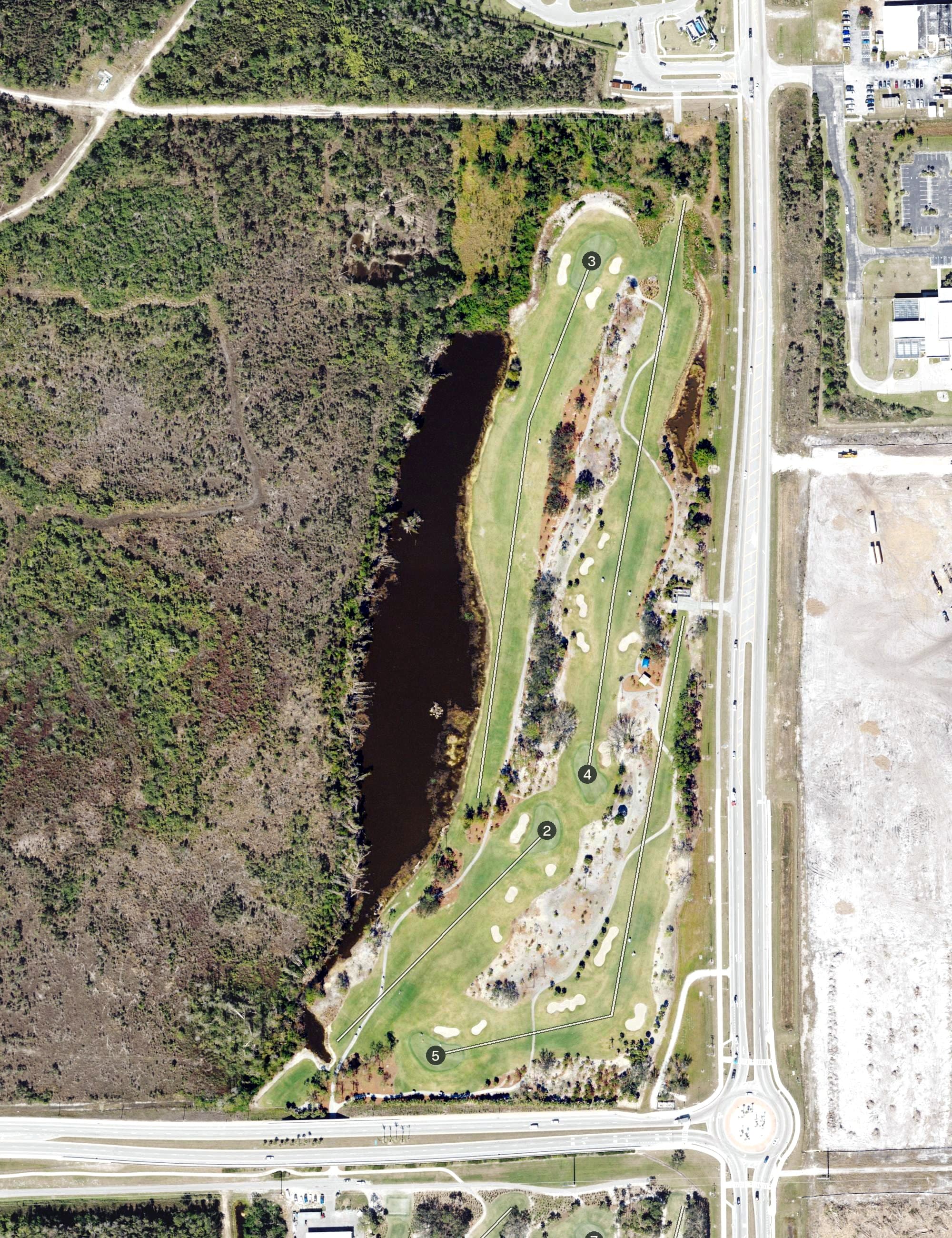 Aerial view of Eastwood Golf Course, FL, with its hole routing marked