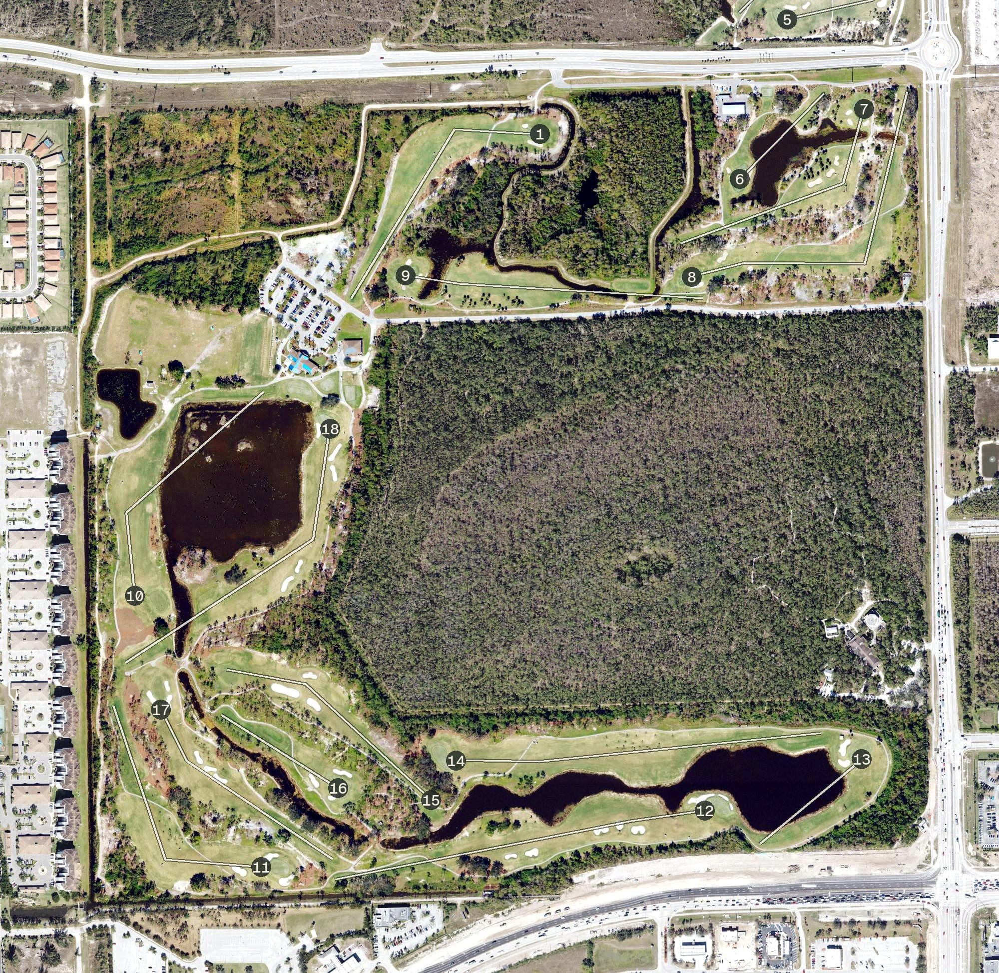 Aerial view of Eastwood Golf Course, FL, with its hole routing marked