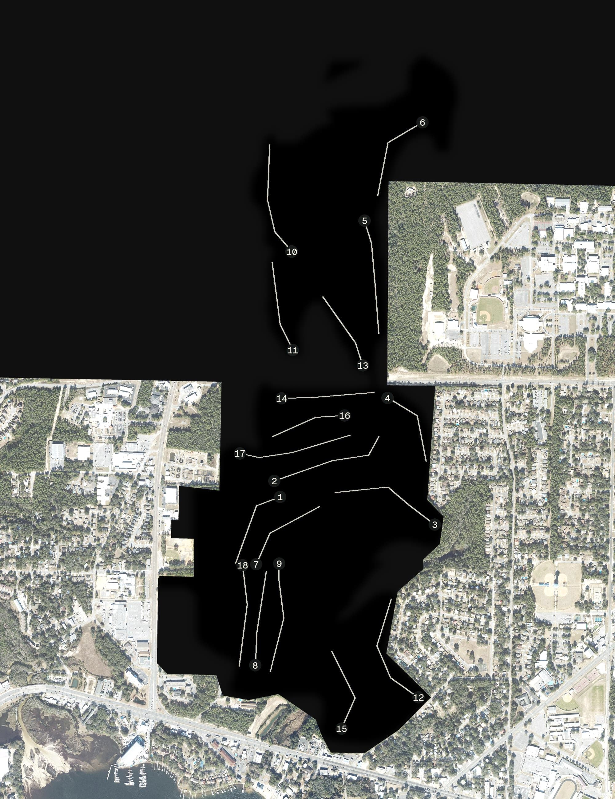 Aerial view of Eglin Golf Course, FL, with its hole routing marked