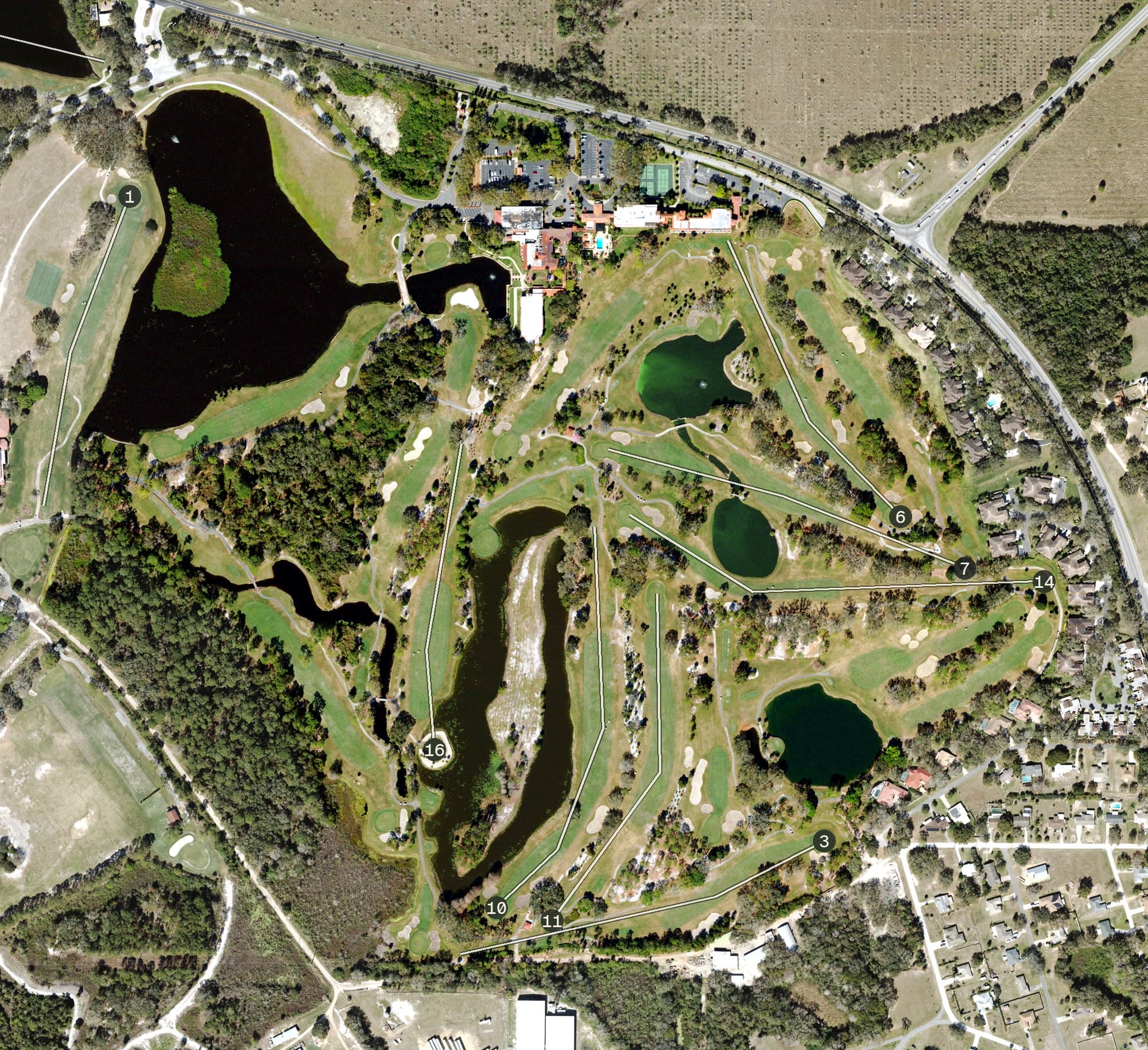 Aerial view of El Campéon, FL, with its hole routing marked