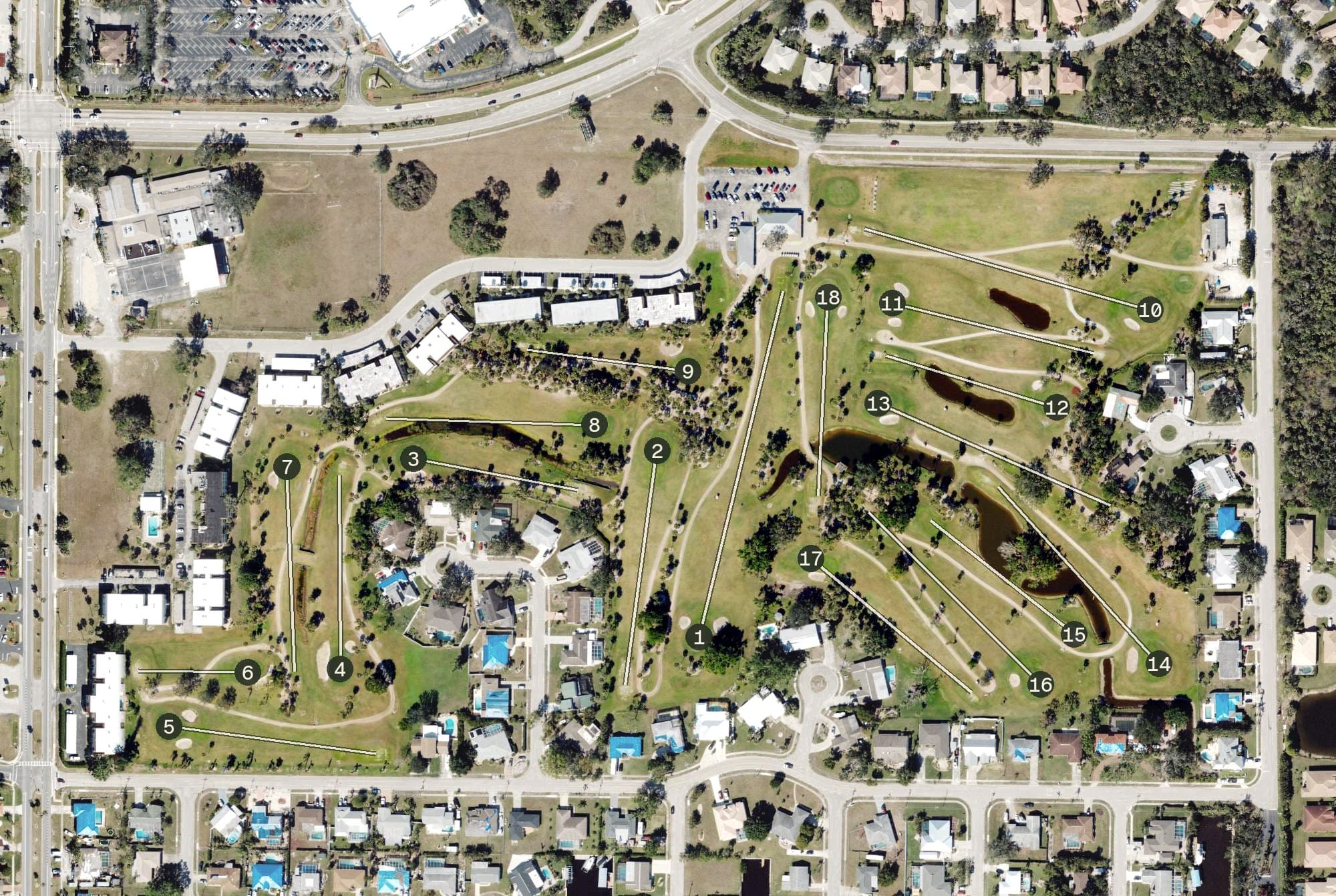 Aerial view of El Rio Golf Club, FL, with its hole routing marked