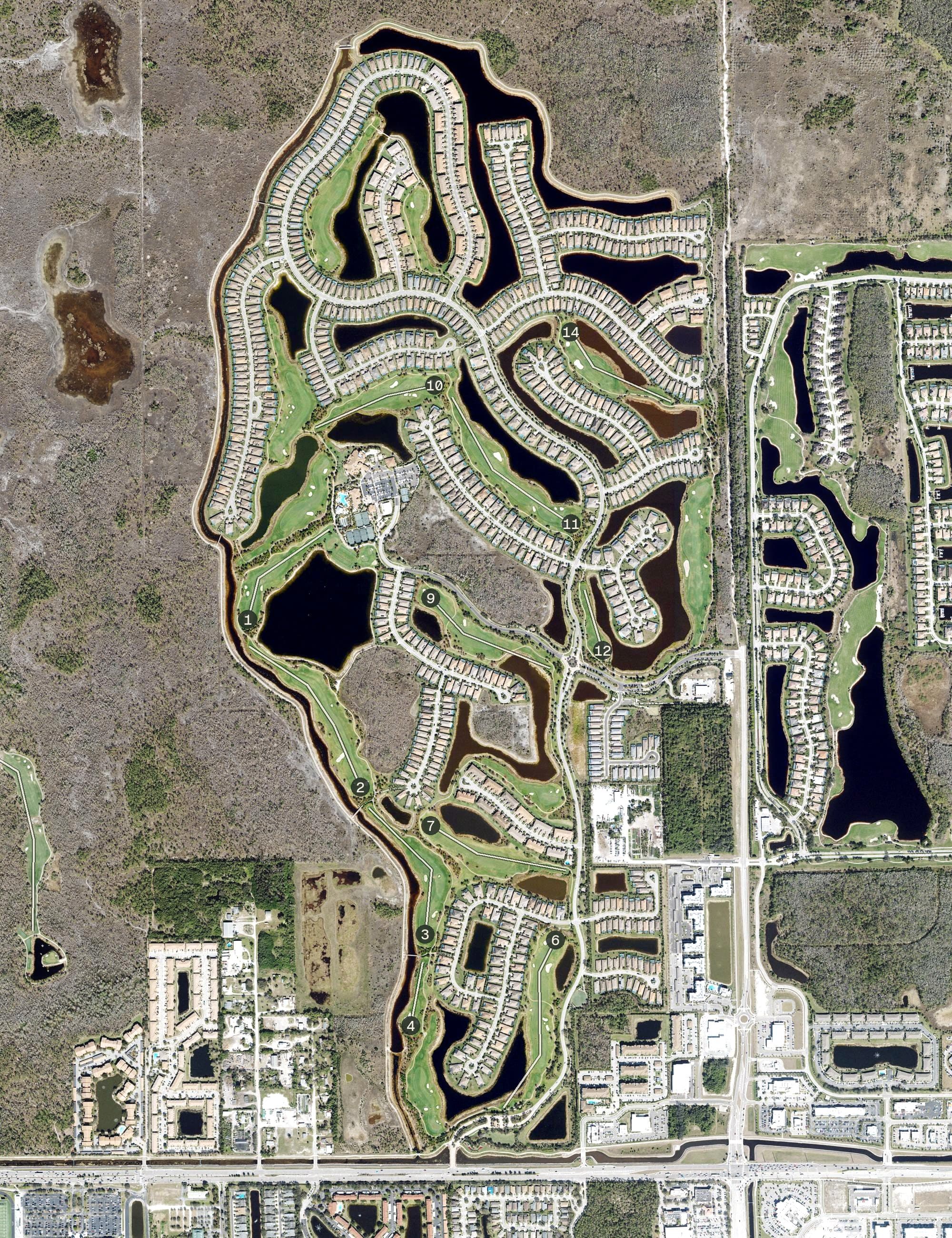 Aerial view of Esplanade Golf, FL, with its hole routing marked