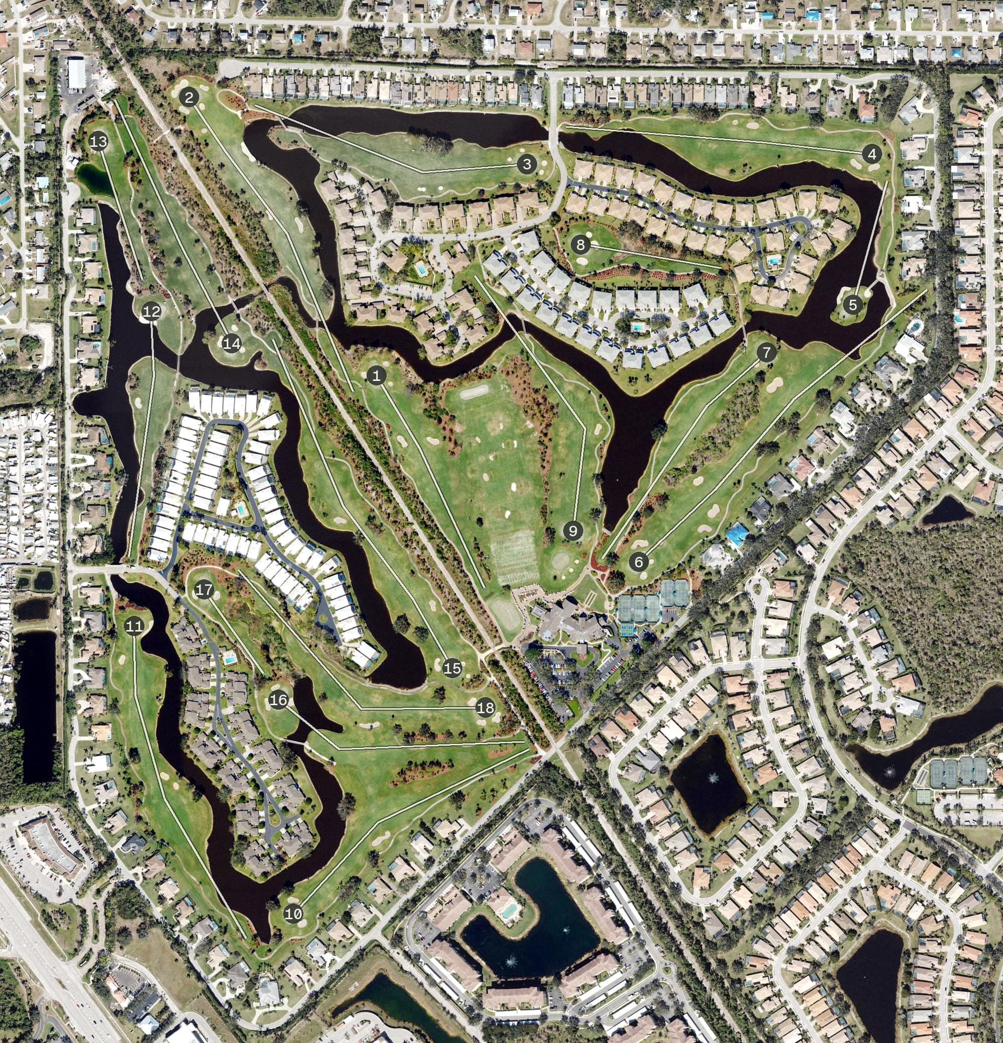 Aerial view of Estero Country Club, FL, with its hole routing marked
