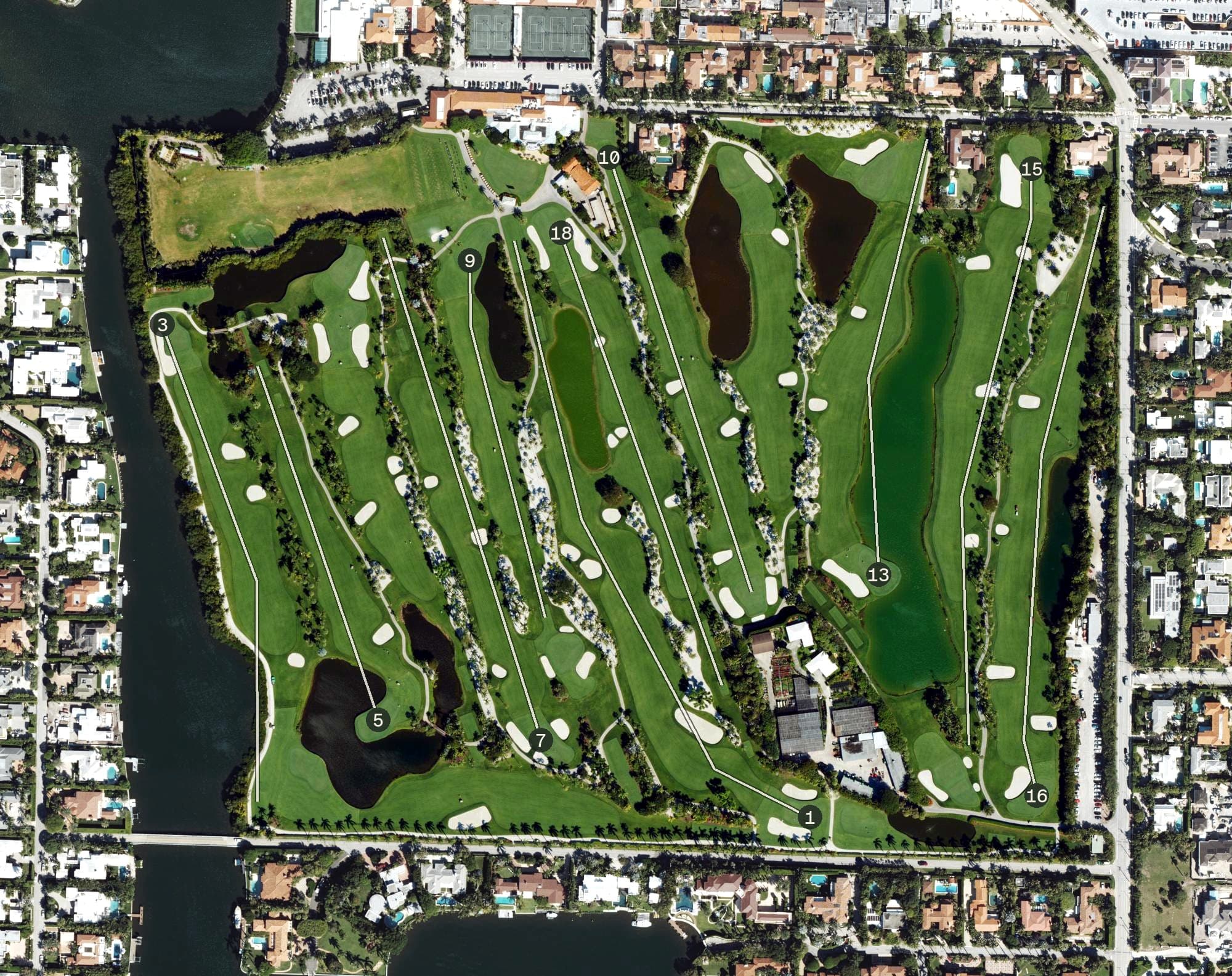 Aerial view of Everglades Golf Course, FL, with its hole routing marked