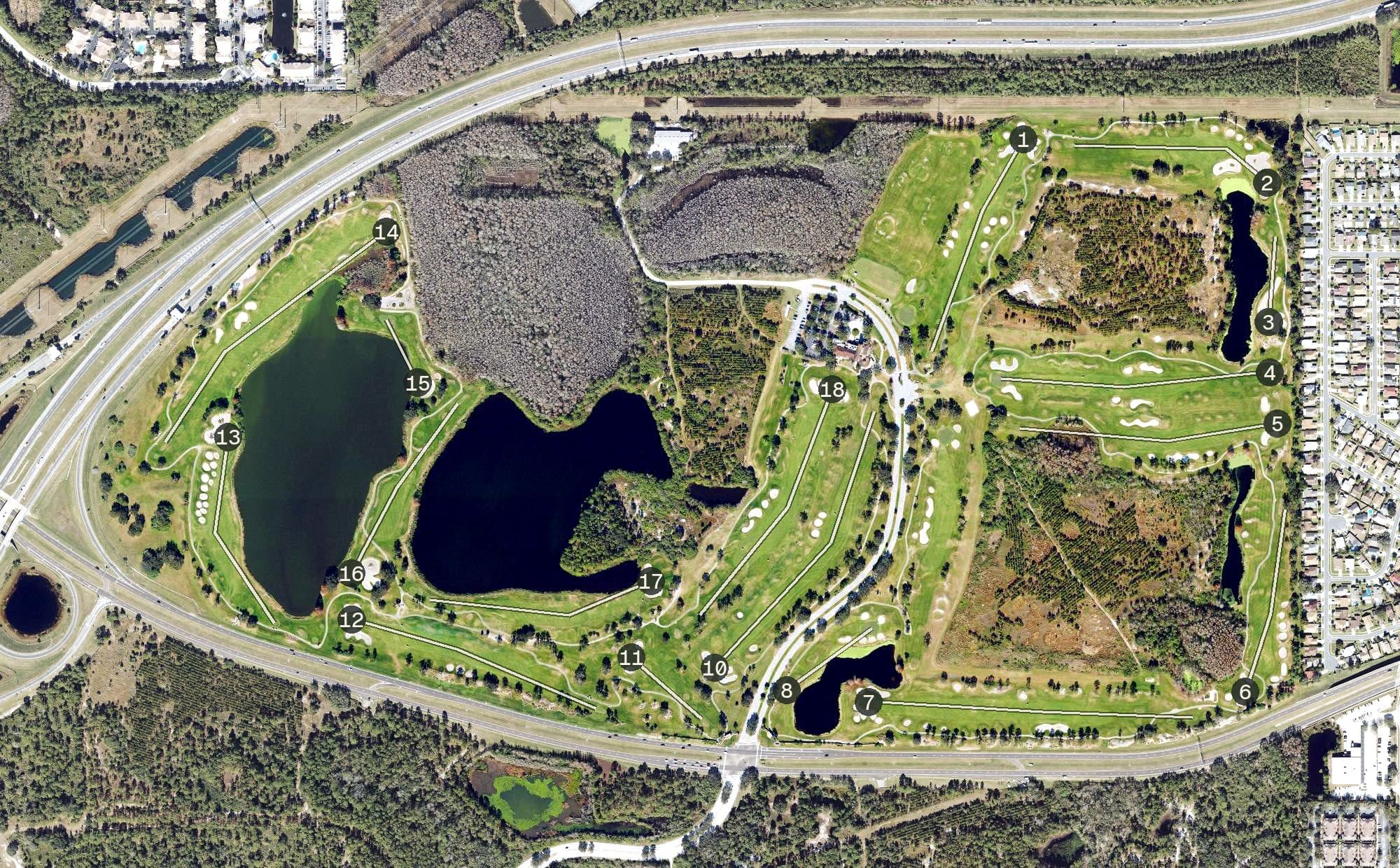 Aerial view of Falcon's Fire Golf Club, FL, with its hole routing marked