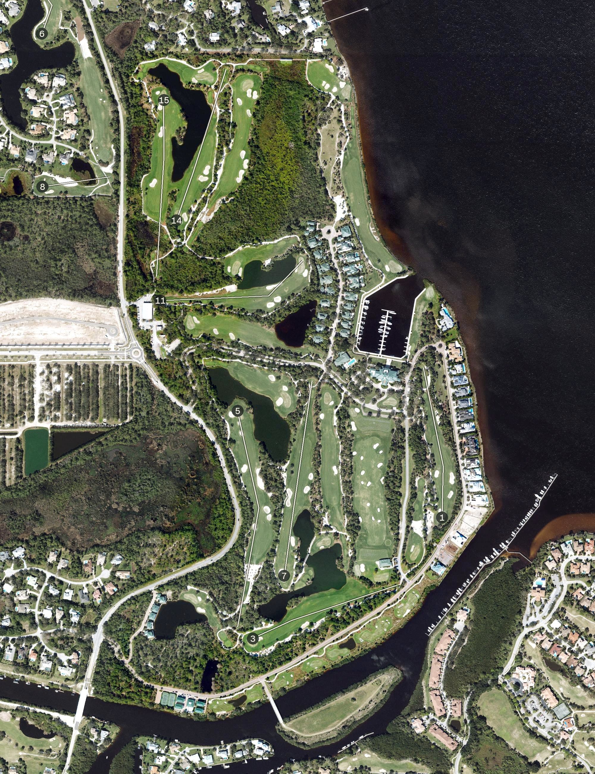 Aerial view of Floridian Golf Club, FL, with its hole routing marked